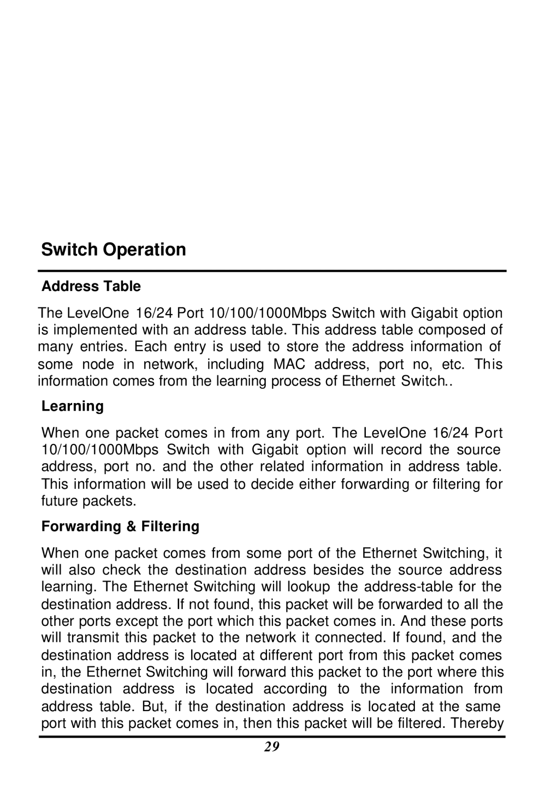 LevelOne GSW-1601TX, GSW-2401TX user manual Switch Operation, Address Table, Learning, Forwarding & Filtering 