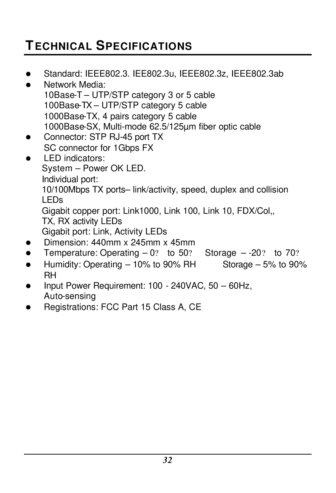 LevelOne GSW-2401TX, GSW-1601TX user manual Echnical Specifications 