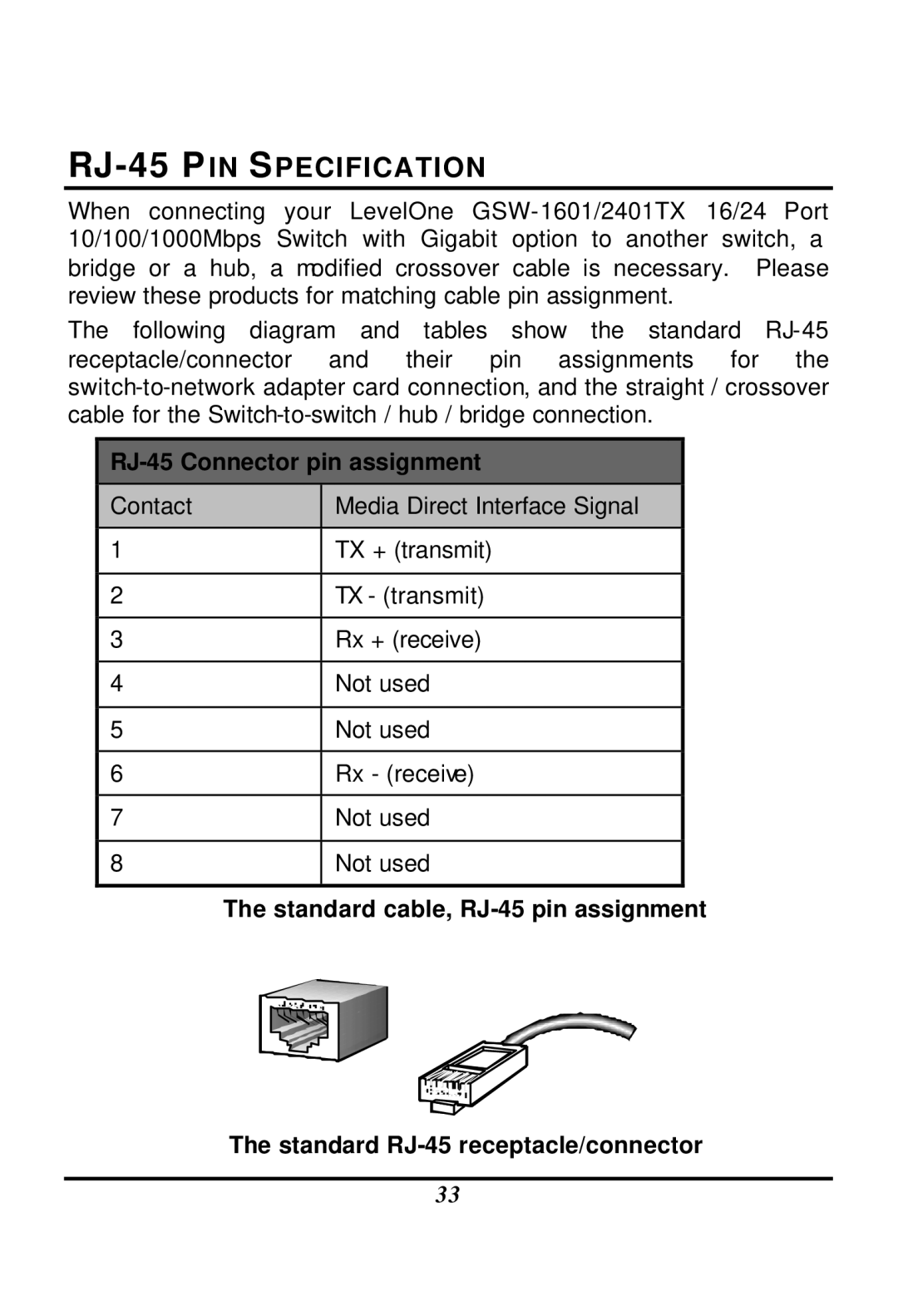 LevelOne GSW-1601TX, GSW-2401TX user manual RJ-45 P in Specification, RJ-45 Connector pin assignment 