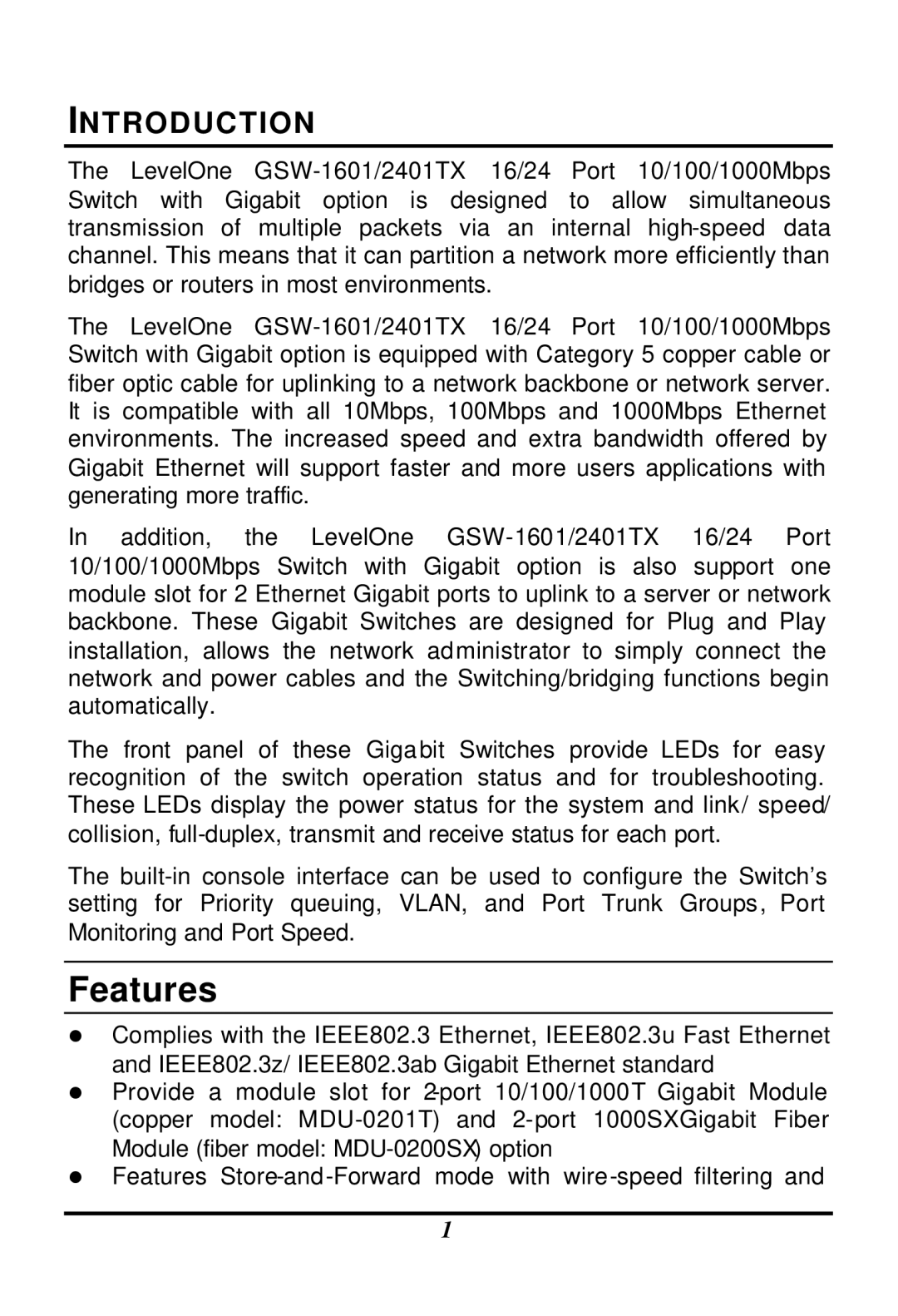 LevelOne GSW-1601TX, GSW-2401TX user manual Features 