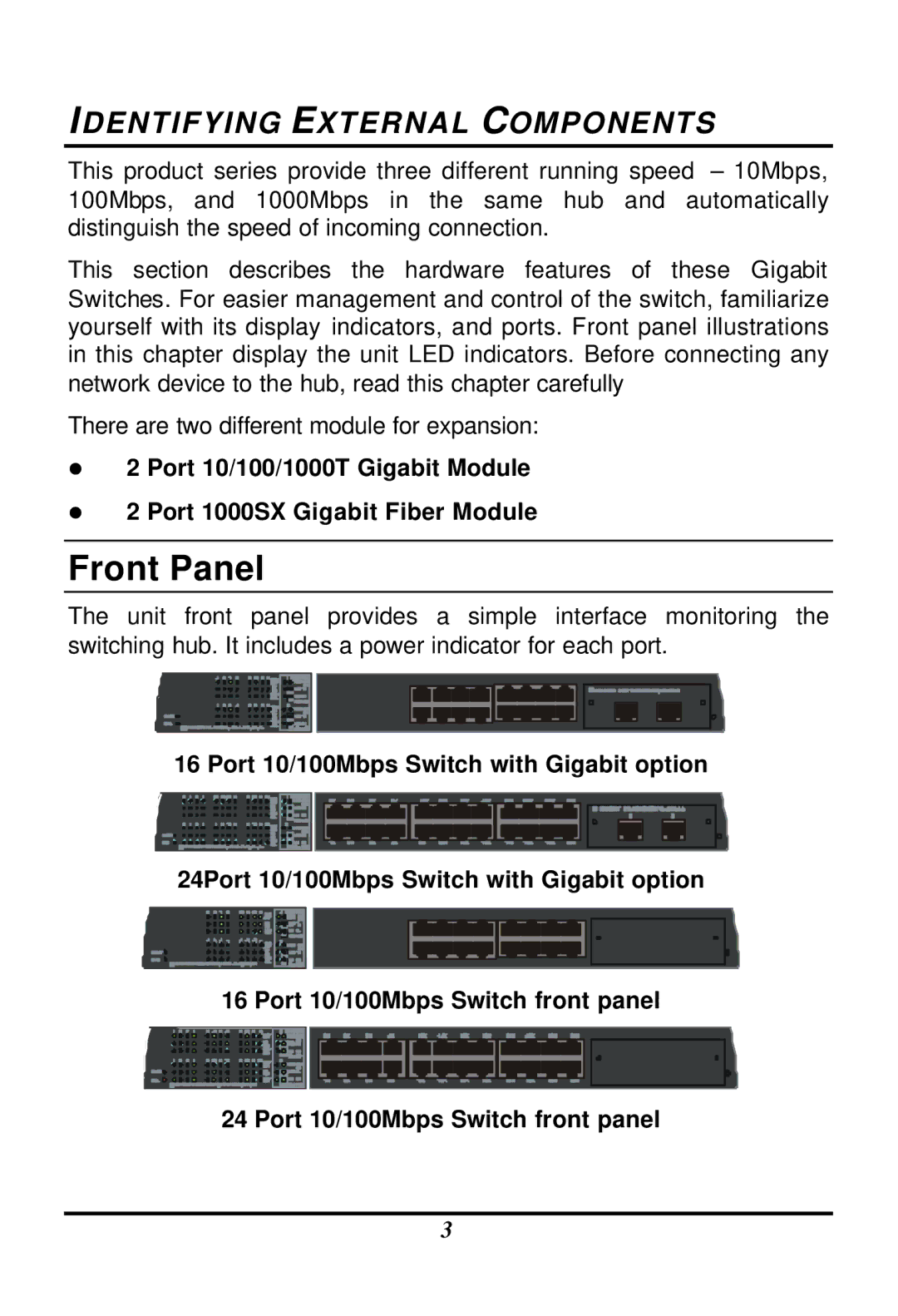 LevelOne GSW-1601TX, GSW-2401TX 24Port 10/100Mbps Switch with Gigabit option, Port 10/100Mbps Switch front panel 