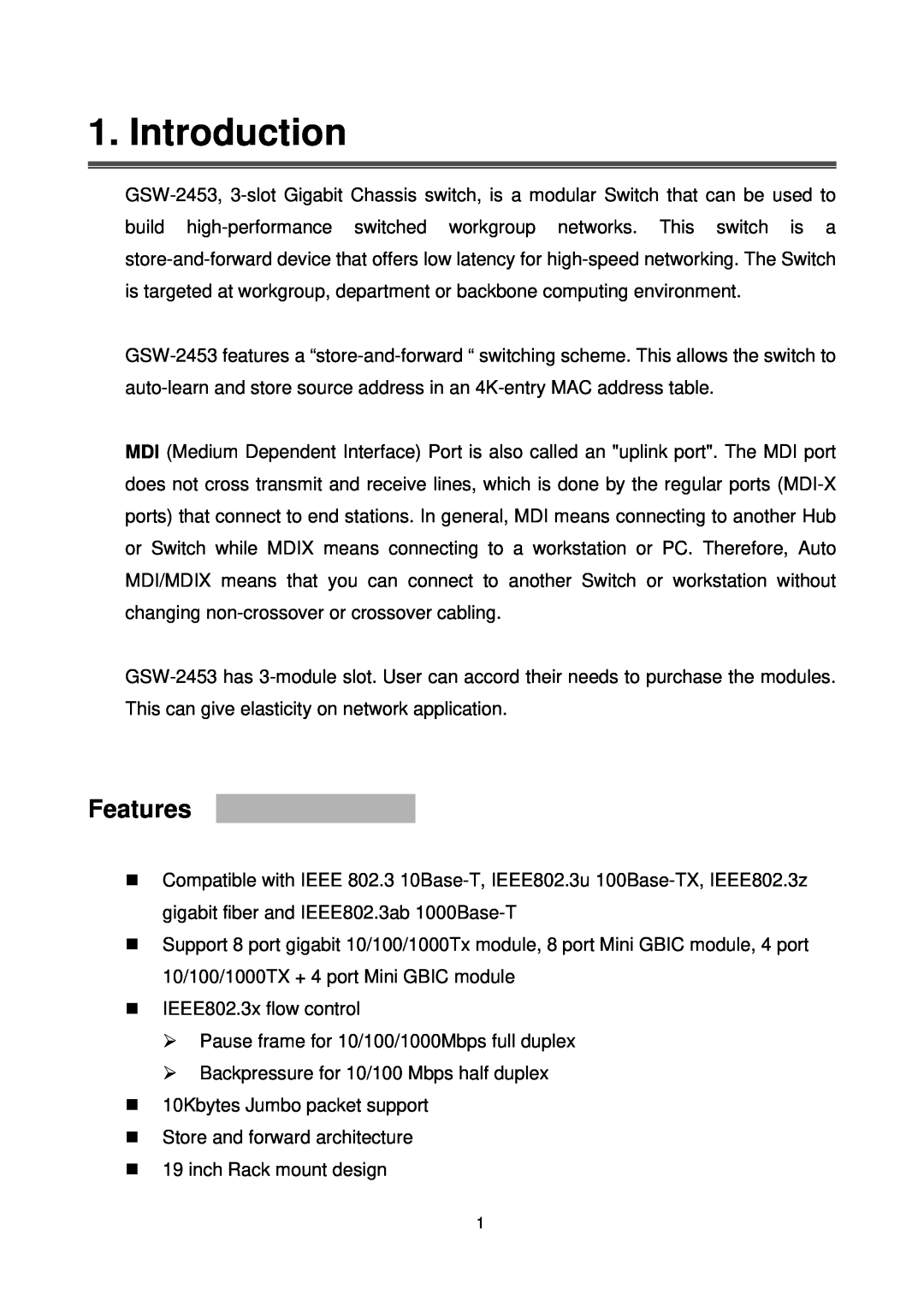LevelOne Gigabit Chassis switch, GSW-2453 manual Introduction, Features 