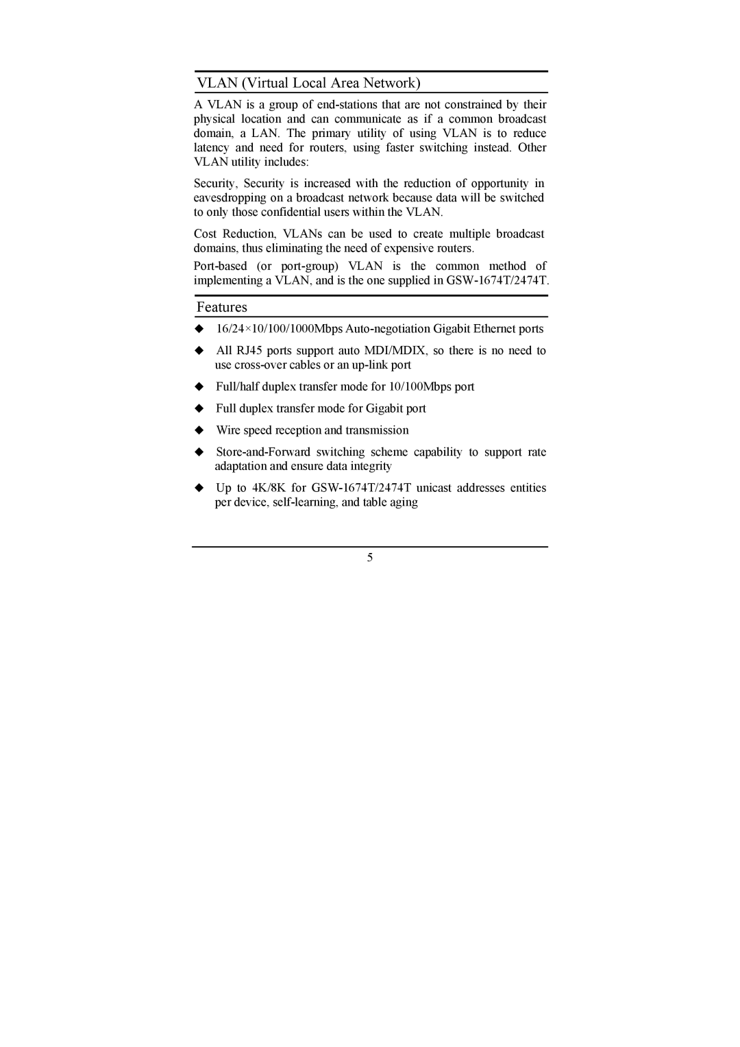 LevelOne GSW-1674T, GSW-2474T manual Vlan Virtual Local Area Network, Features 