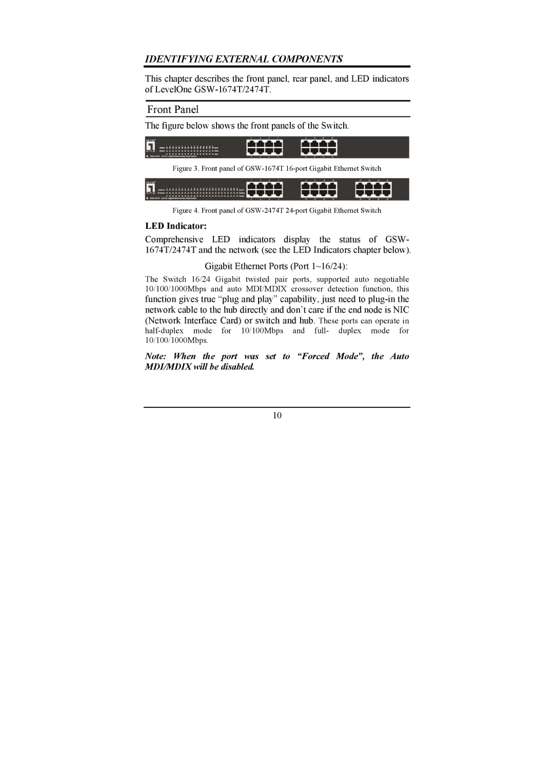 LevelOne GSW-2474T, GSW-1674T manual Front Panel, LED Indicator 