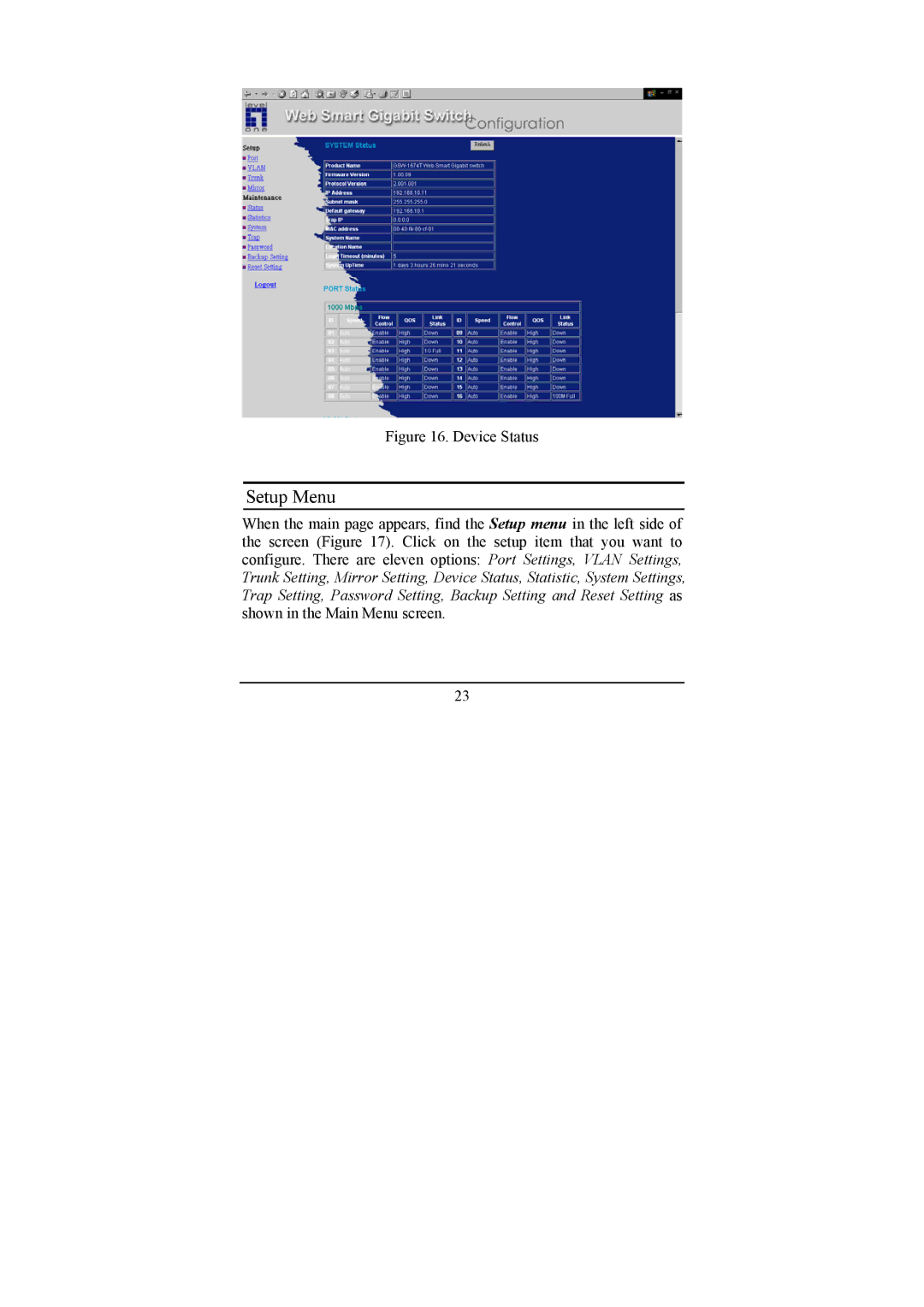 LevelOne GSW-1674T, GSW-2474T manual Setup Menu, Device Status 