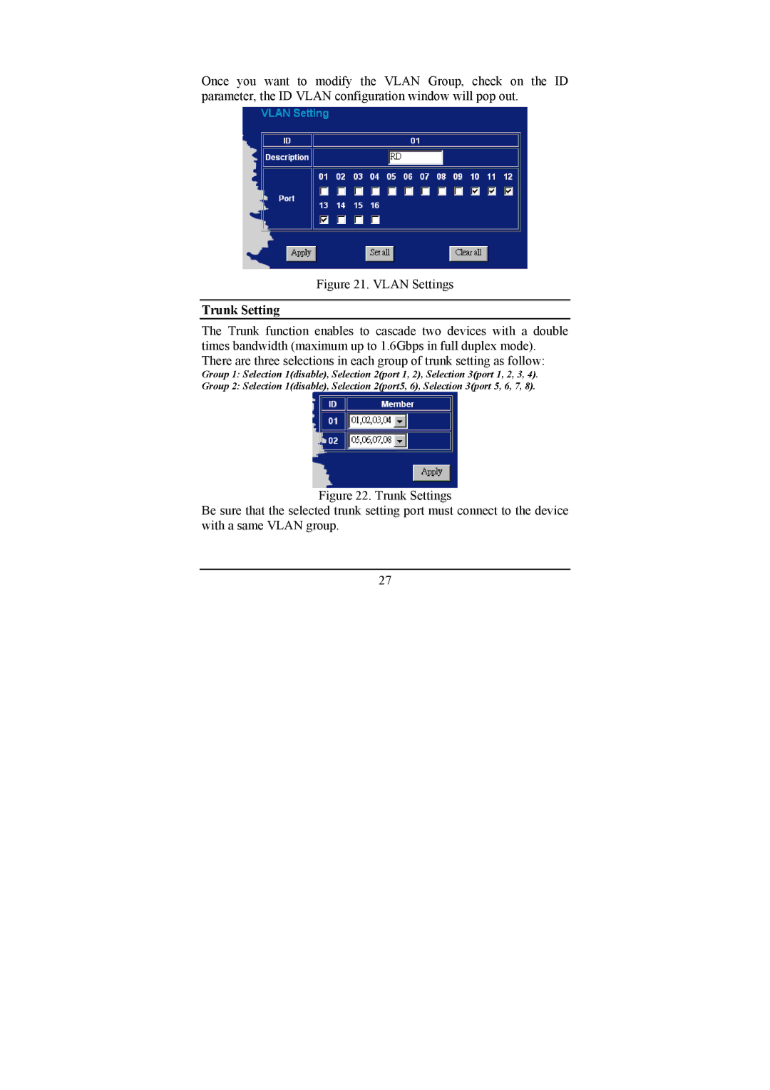 LevelOne GSW-1674T, GSW-2474T manual Vlan Settings, Trunk Setting 