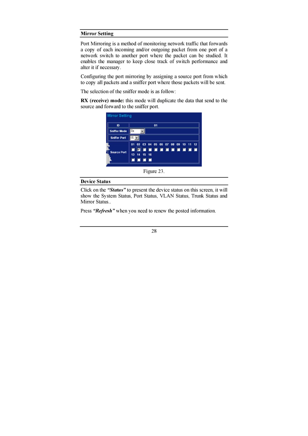 LevelOne GSW-2474T, GSW-1674T manual Mirror Setting, Device Status 