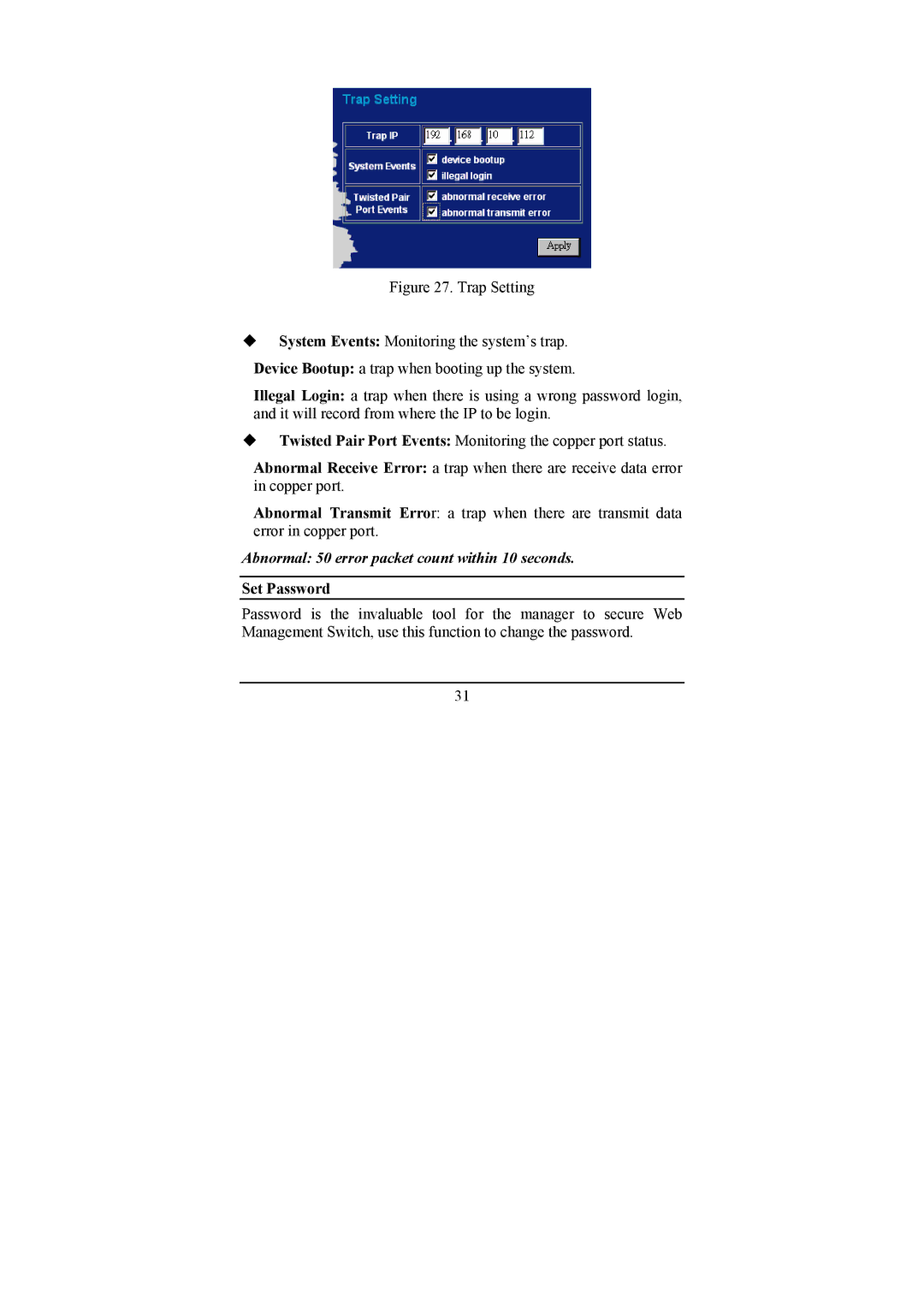 LevelOne GSW-1674T, GSW-2474T manual Abnormal 50 error packet count within 10 seconds, Set Password 