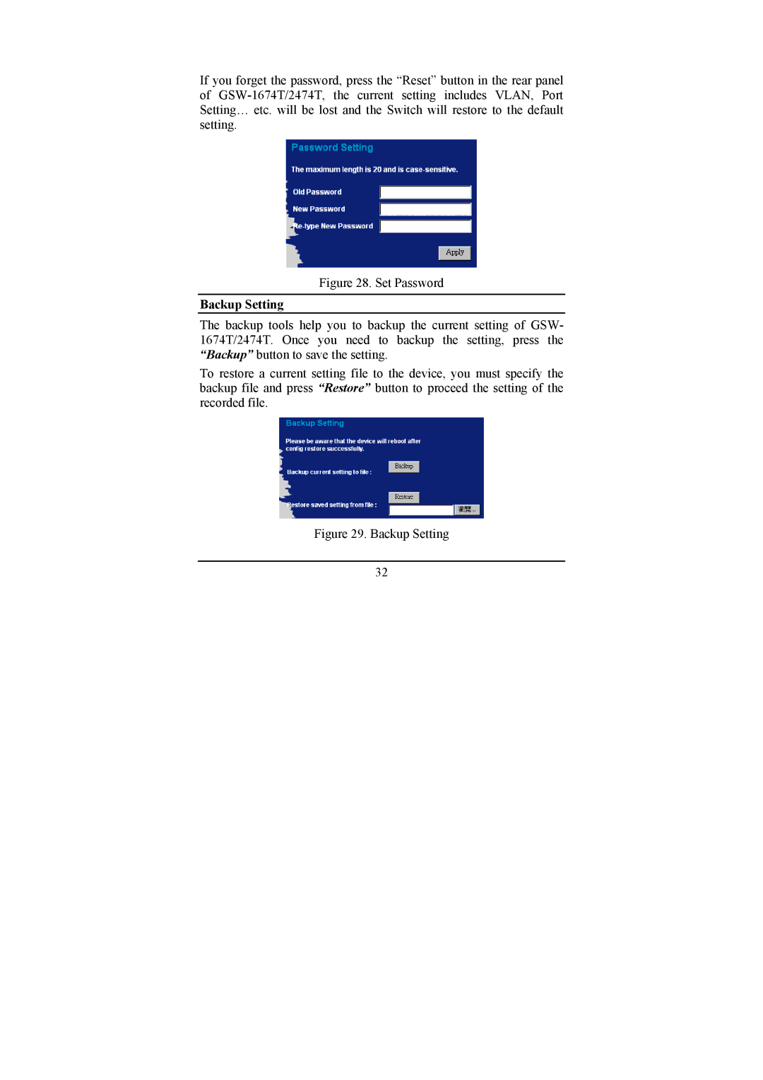 LevelOne GSW-2474T, GSW-1674T manual Set Password, Backup Setting 