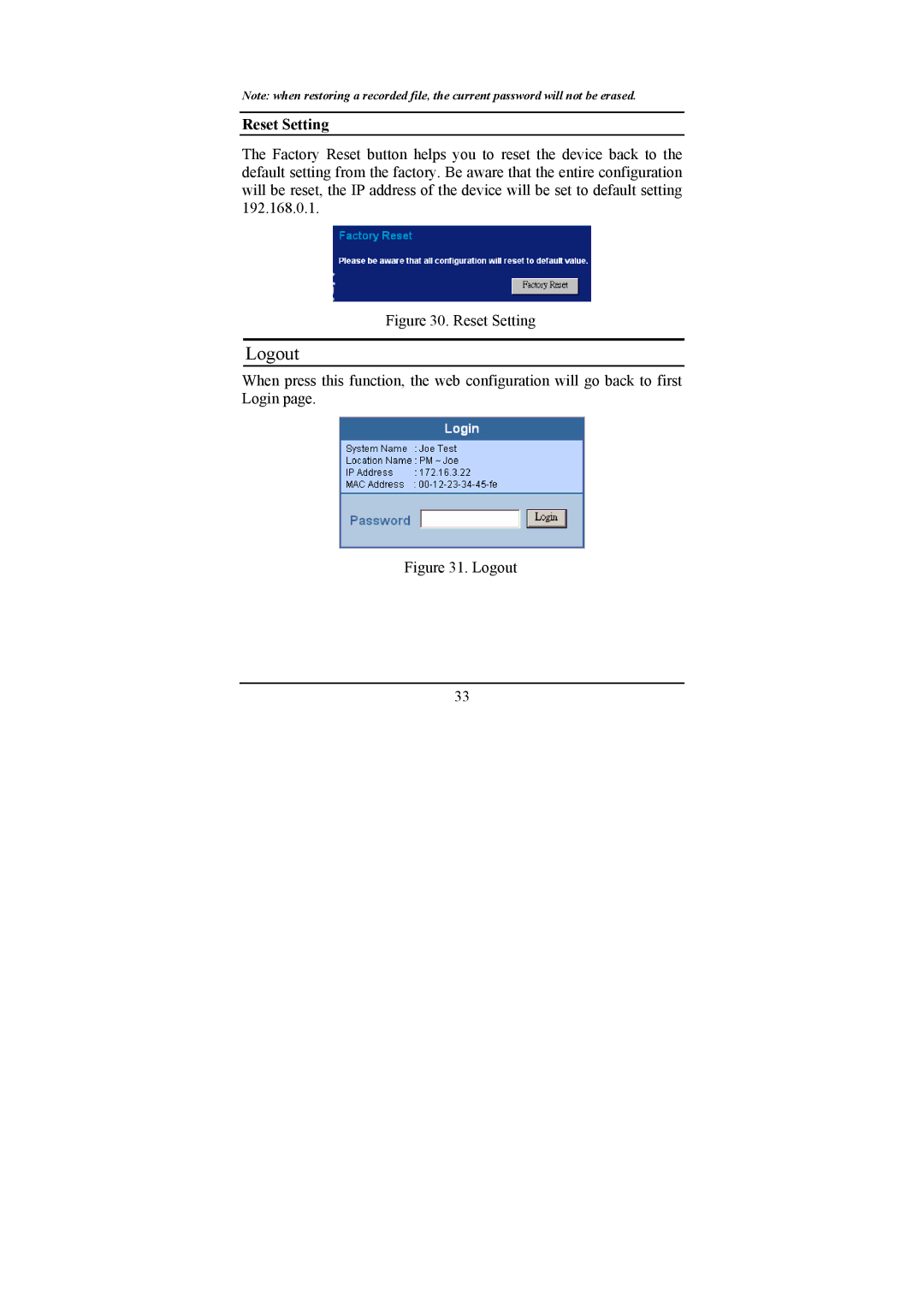 LevelOne GSW-1674T, GSW-2474T manual Logout, Reset Setting 