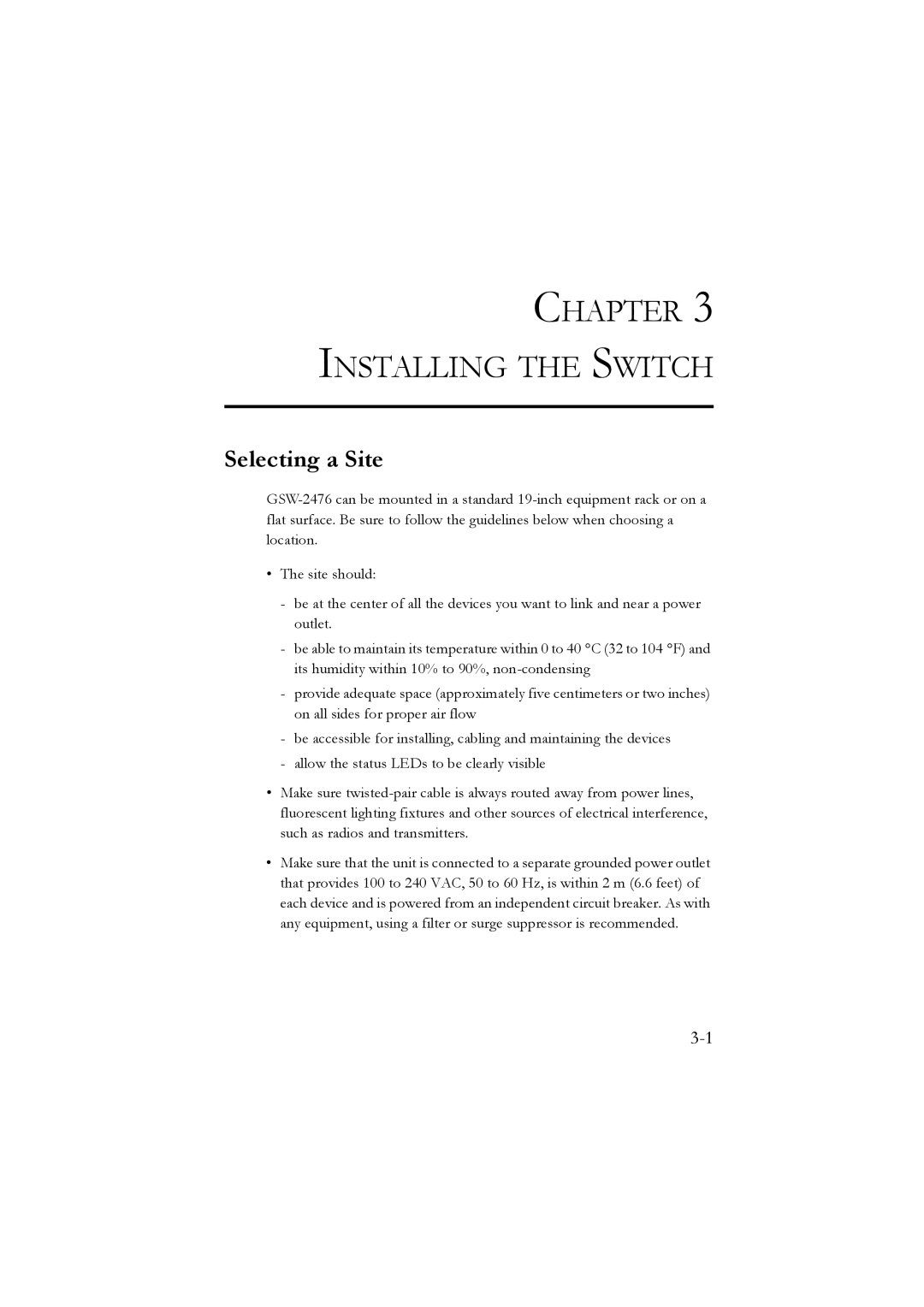 LevelOne GSW-2476 user manual Installing the Switch, Selecting a Site 