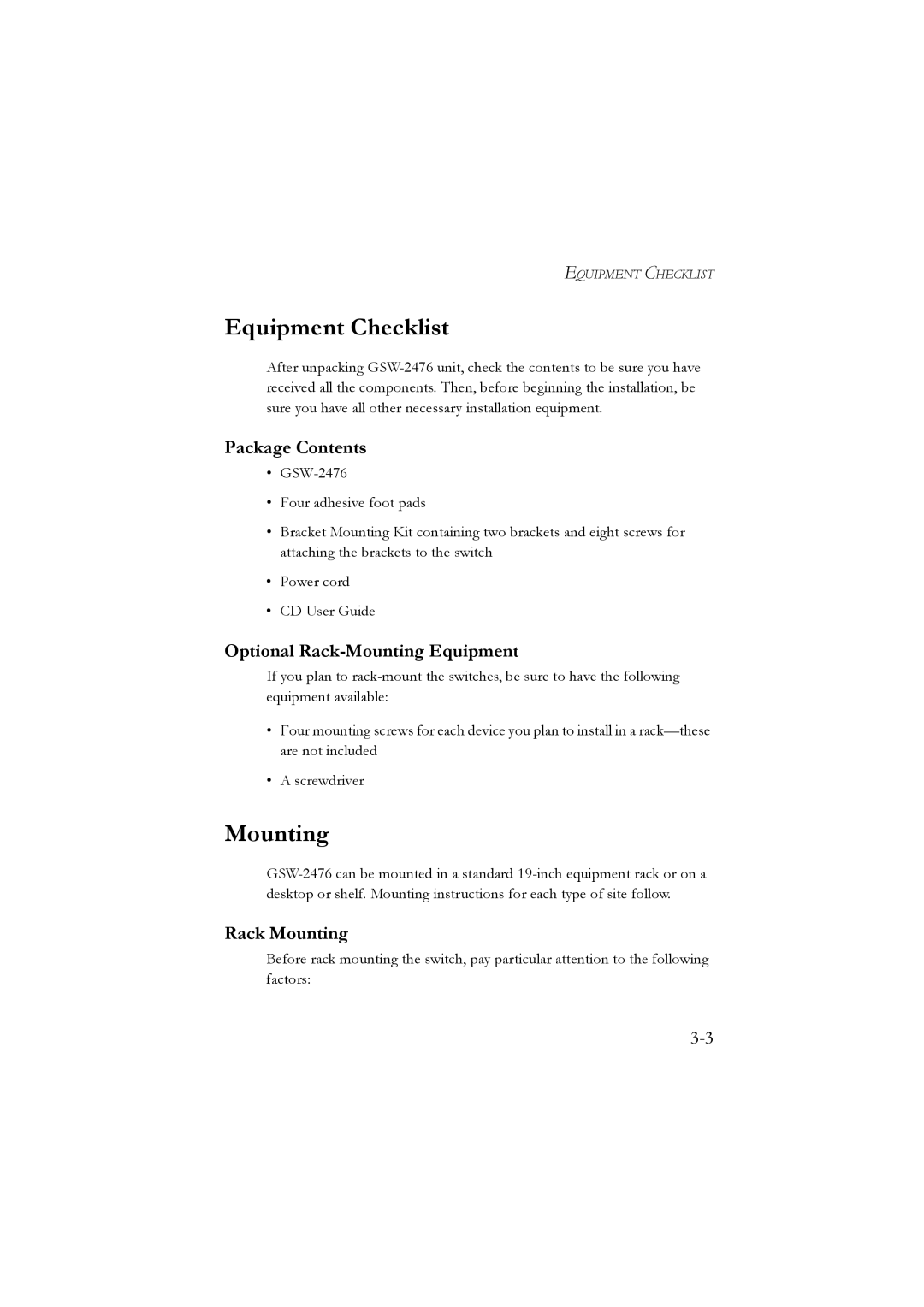 LevelOne GSW-2476 user manual Equipment Checklist, Package Contents, Optional Rack-Mounting Equipment, Rack Mounting 