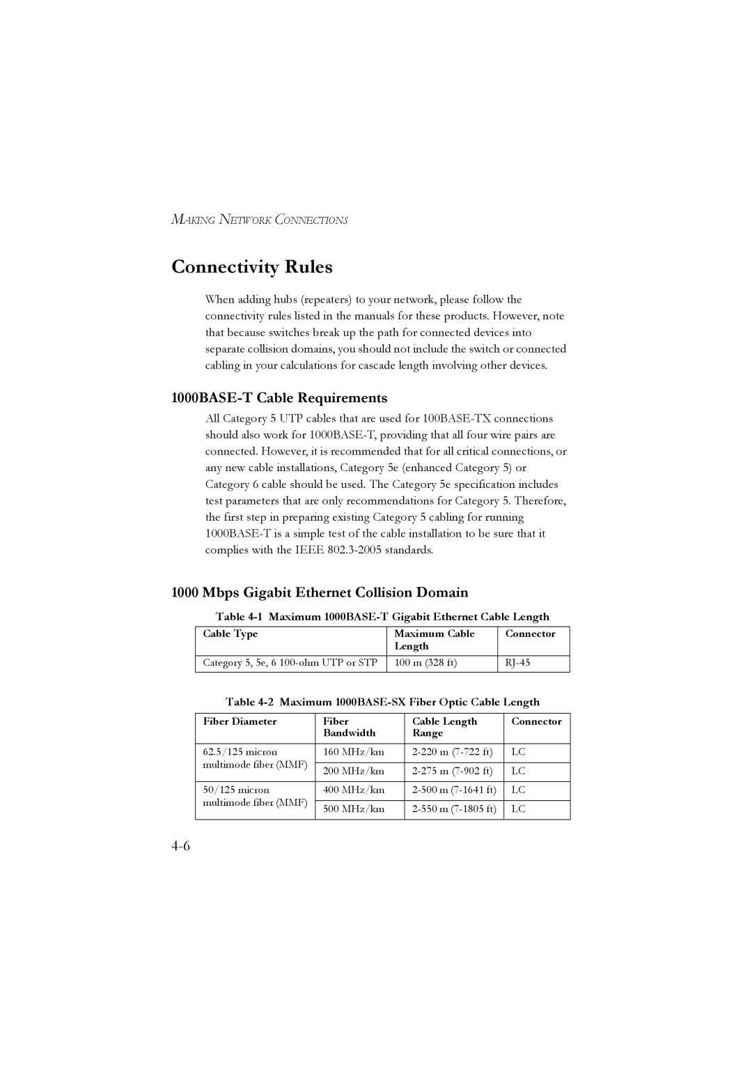 LevelOne GSW-2476 user manual Connectivity Rules, 1000BASE-T Cable Requirements, Mbps Gigabit Ethernet Collision Domain 