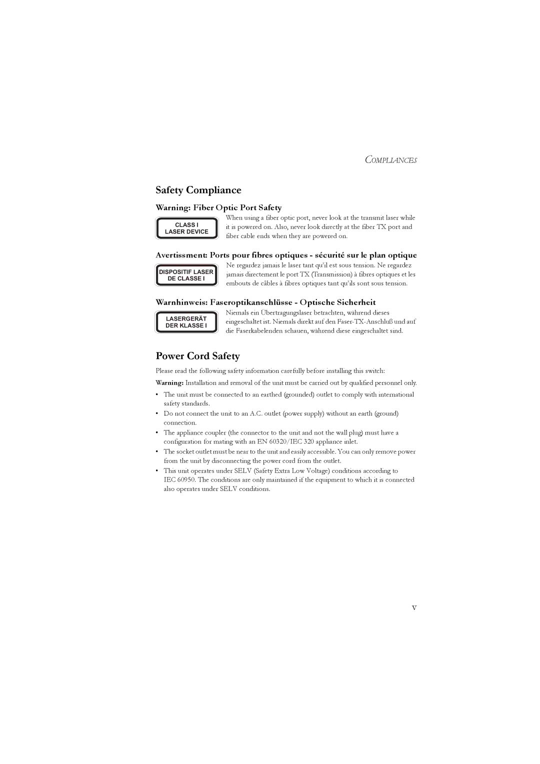 LevelOne GSW-2476 user manual Safety Compliance, Power Cord Safety, Warnhinweis Faseroptikanschlüsse Optische Sicherheit 