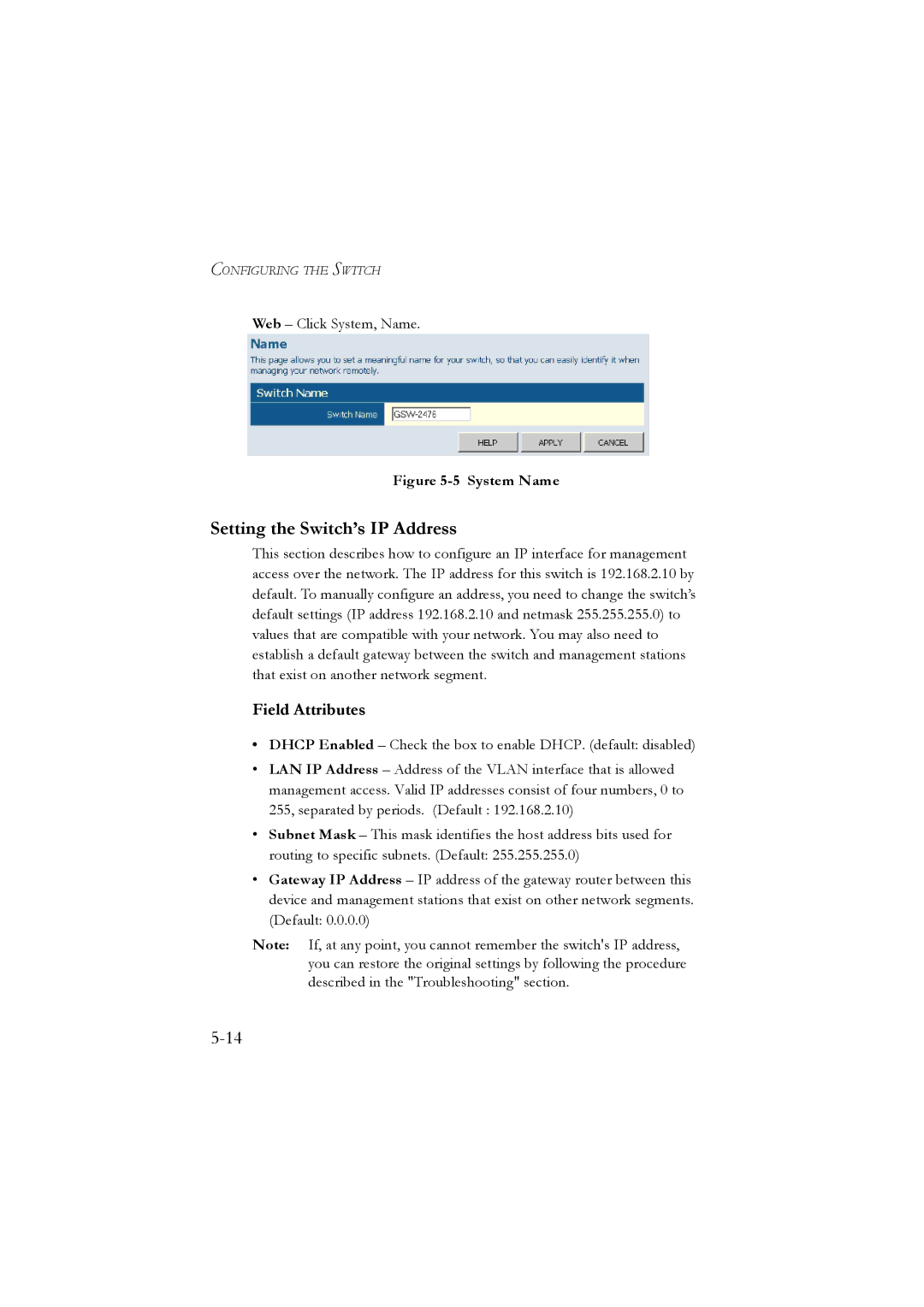 LevelOne GSW-2476 user manual Setting the Switch’s IP Address, System Name 