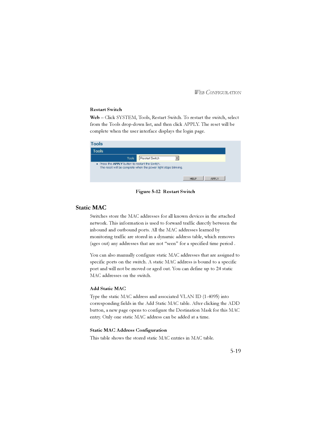 LevelOne GSW-2476 user manual Restart Switch, Add Static MAC, Static MAC Address Configuration 