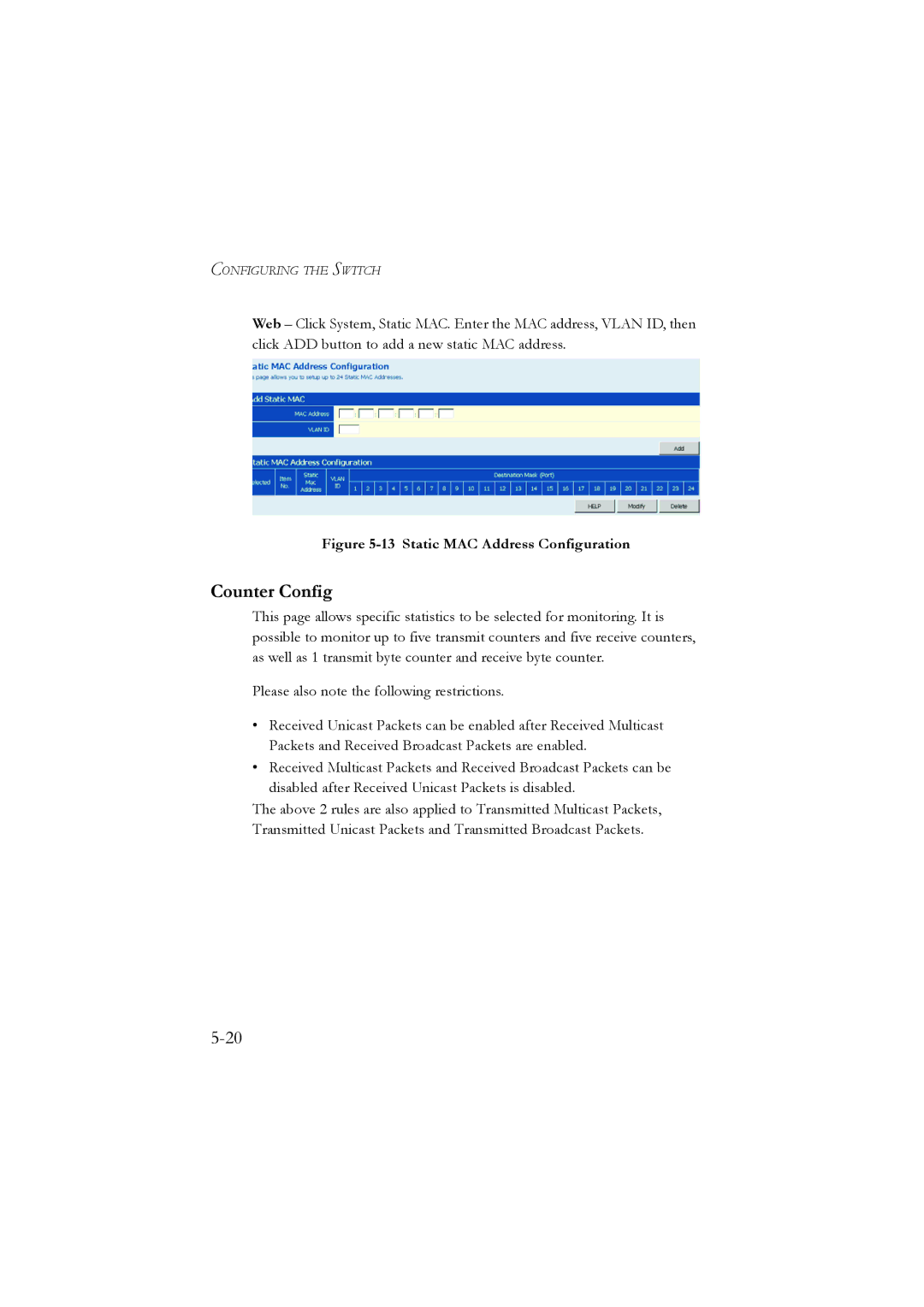 LevelOne GSW-2476 user manual Counter Config, Static MAC Address Configuration 