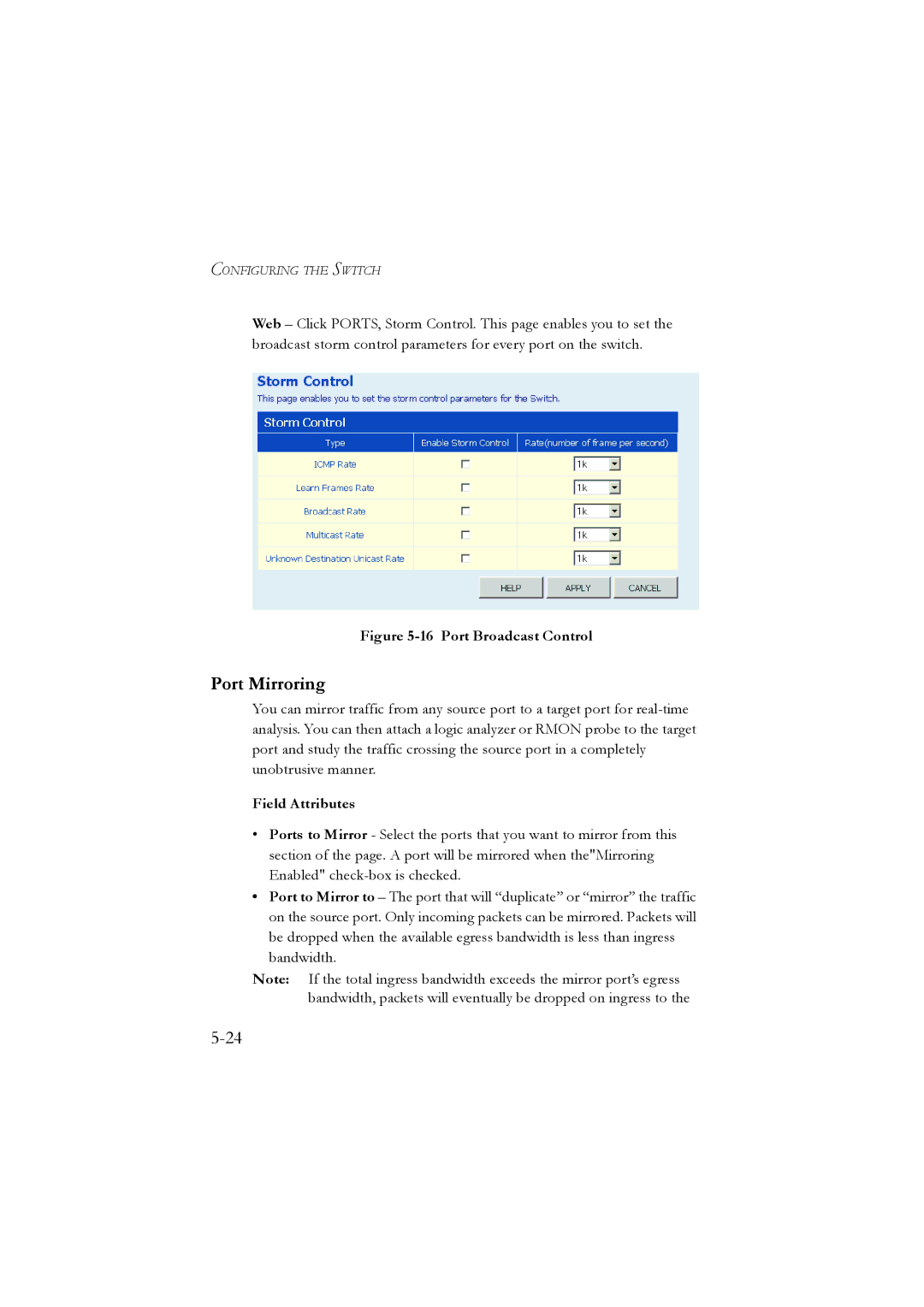 LevelOne GSW-2476 user manual Port Mirroring, Port Broadcast Control 