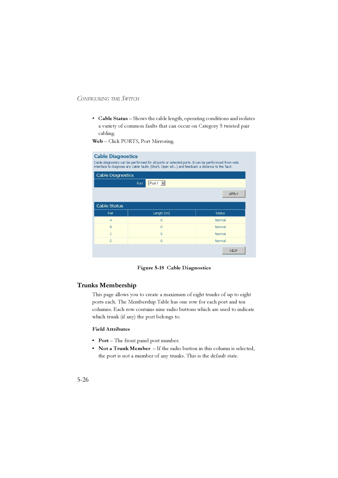 LevelOne GSW-2476 user manual Trunks Membership, Cable Diagnostics 