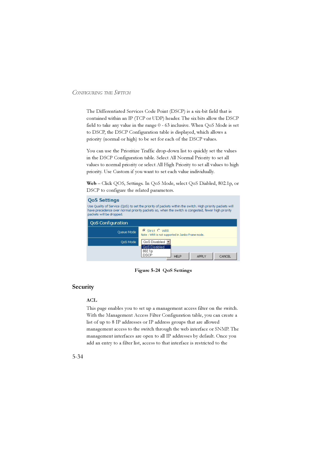 LevelOne GSW-2476 user manual Security, QoS Settings 