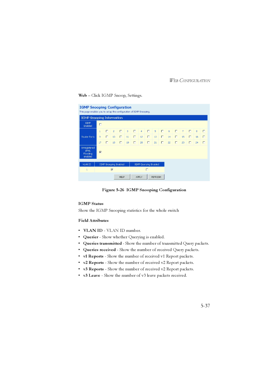 LevelOne GSW-2476 user manual Igmp Snooping Configuration Igmp Status 