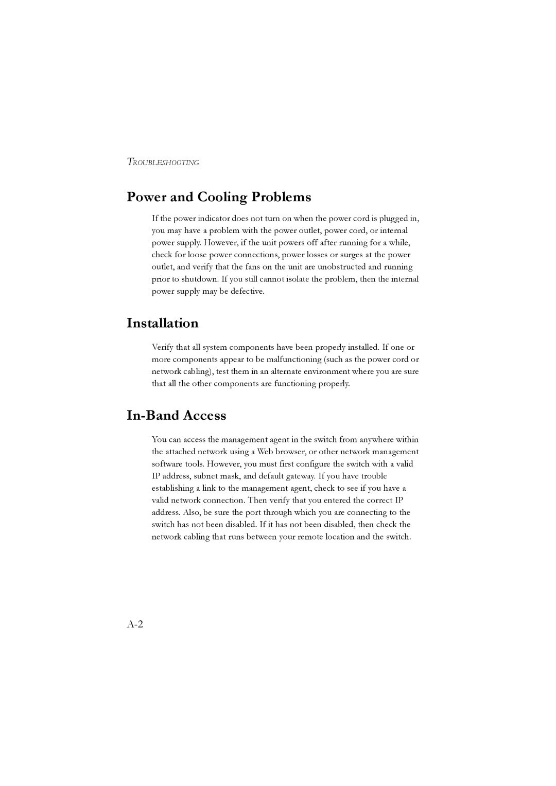 LevelOne GSW-2476 user manual Power and Cooling Problems, Installation, In-Band Access 