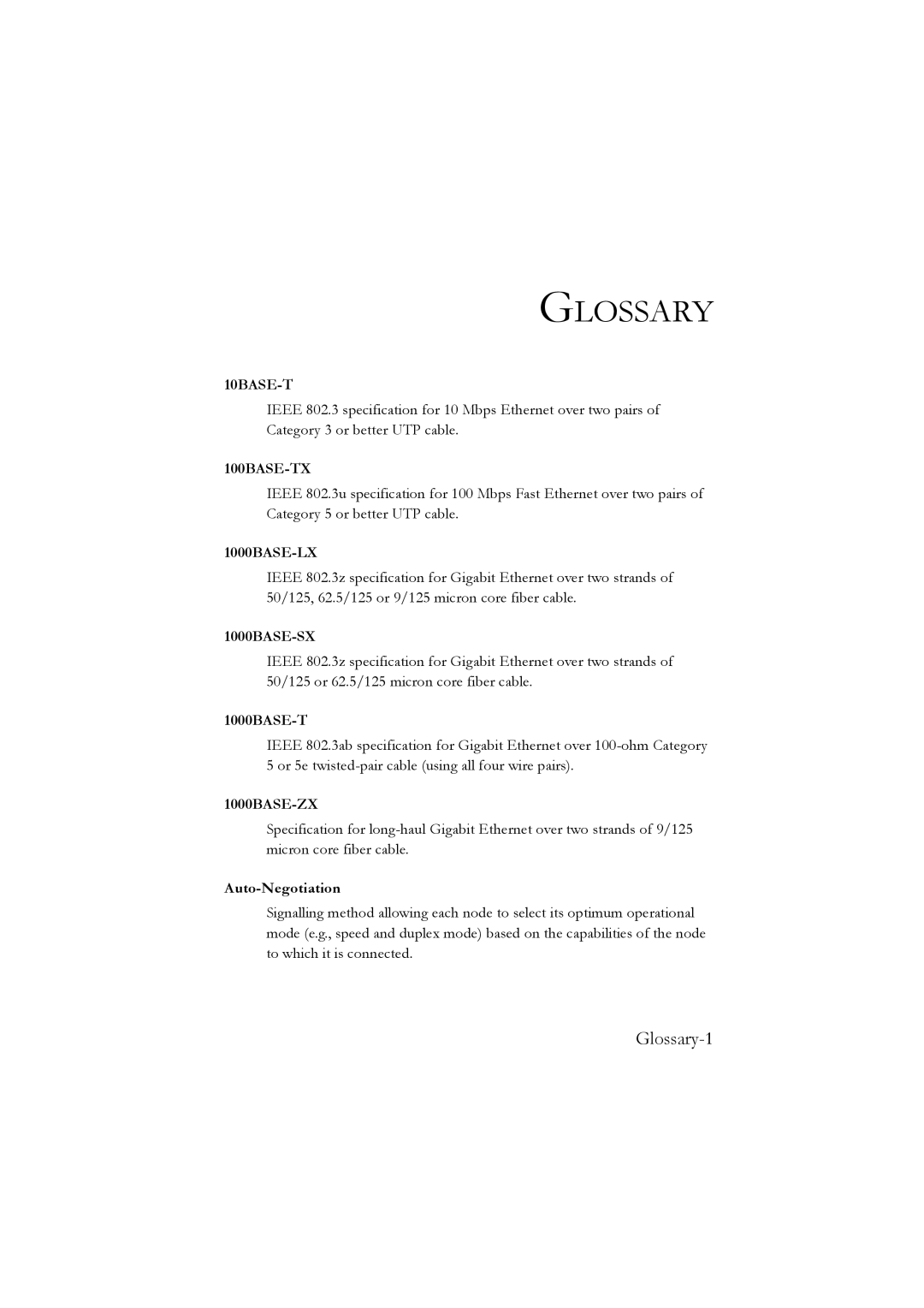 LevelOne GSW-2476 user manual Glossary, 1000BASE-T, Auto-Negotiation 