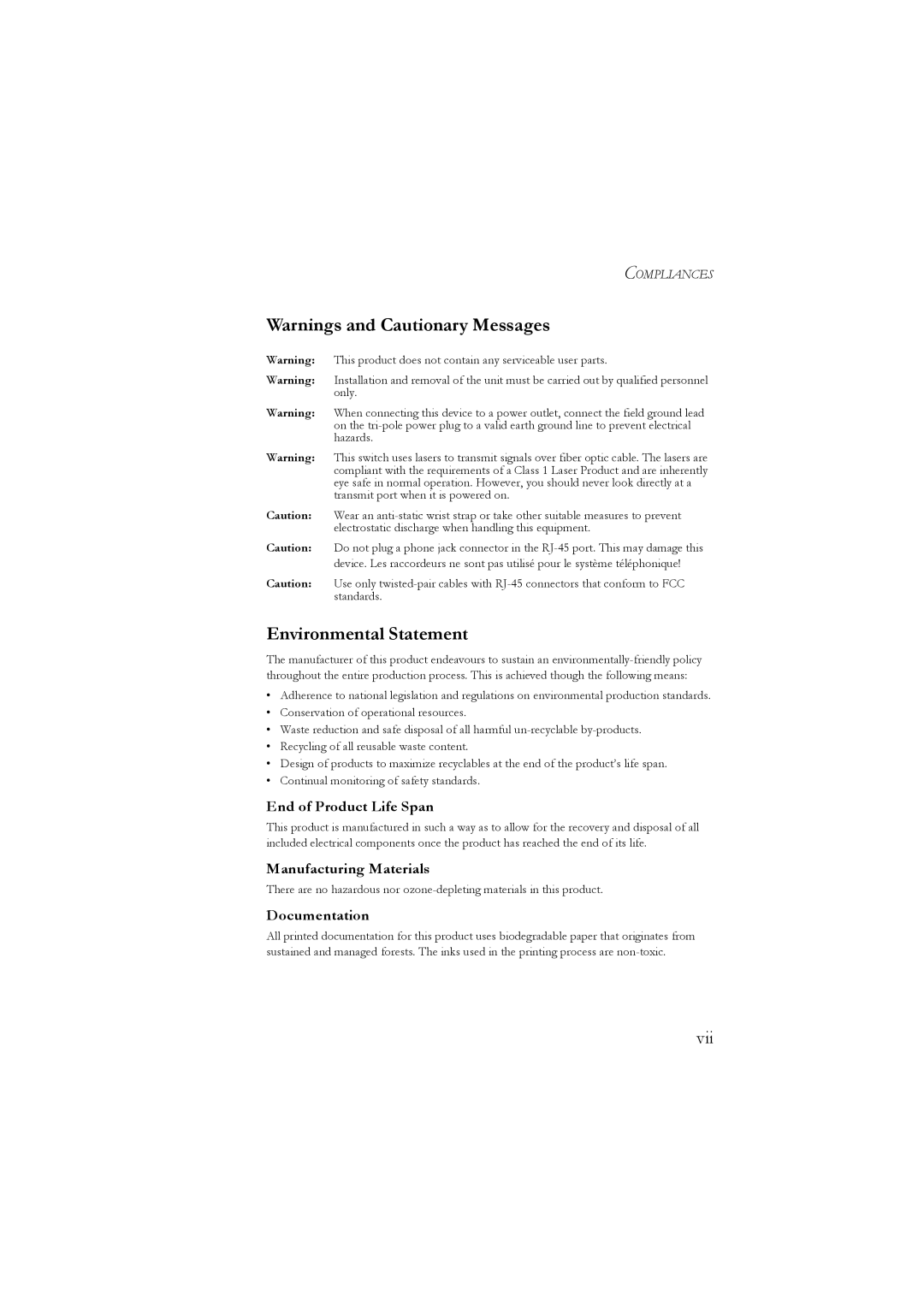 LevelOne GSW-2476 manual Environmental Statement, End of Product Life Span, Manufacturing Materials, Documentation 