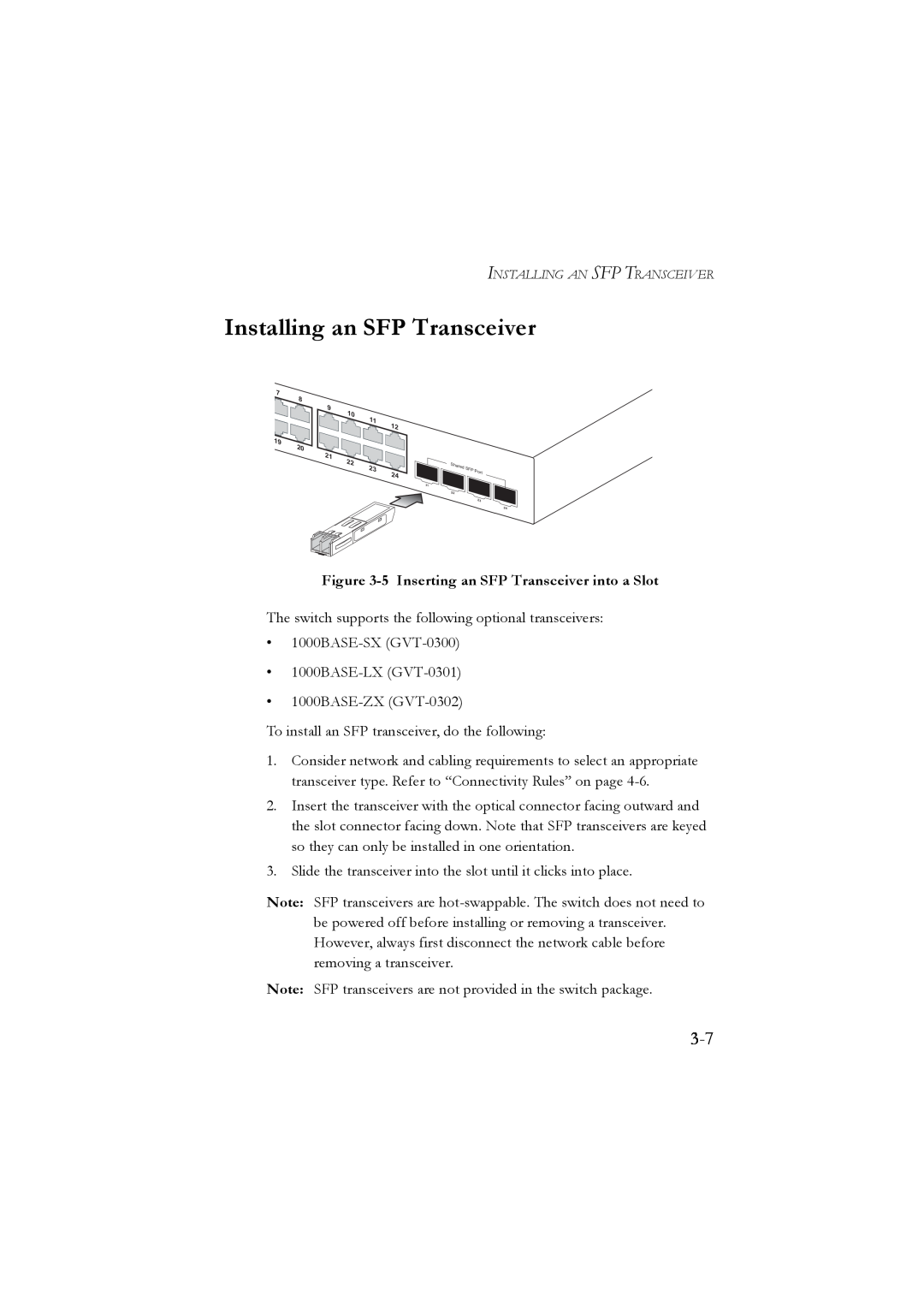 LevelOne GSW-2476 user manual Installing an SFP Transceiver, 5 Inserting an SFP Transceiver into a Slot 