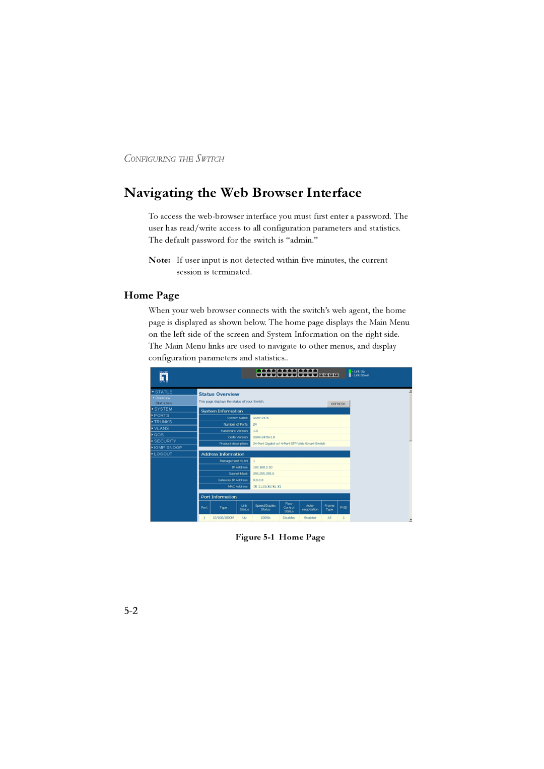 LevelOne GSW-2476 user manual Navigating the Web Browser Interface, 1 Home Page 
