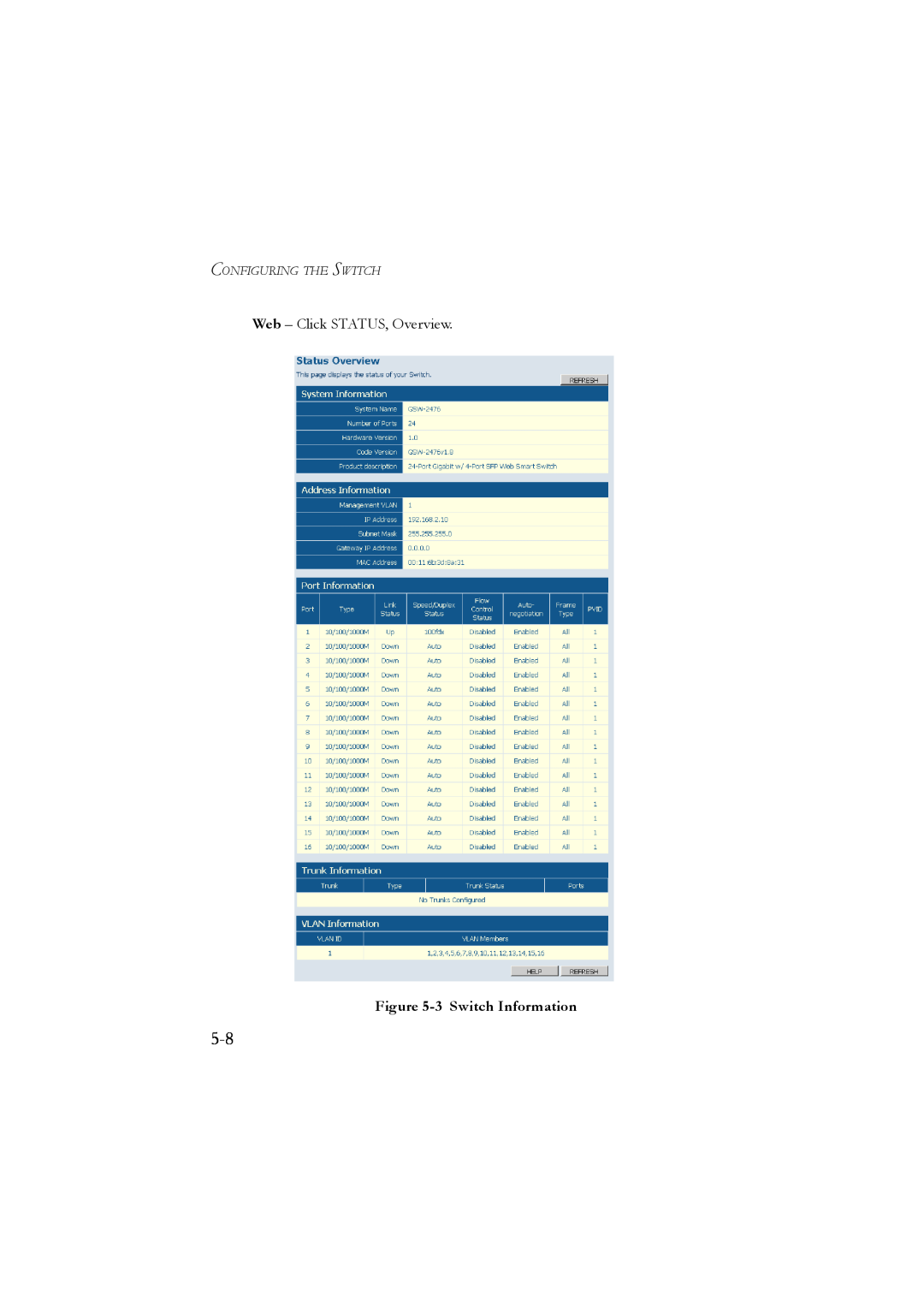 LevelOne GSW-2476 user manual Web - Click STATUS, Overview, 3 Switch Information, Configuring The Switch 