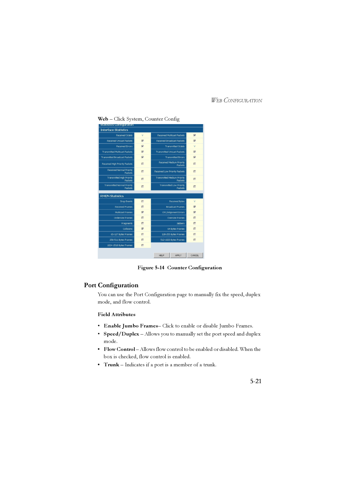 LevelOne GSW-2476 user manual 5-21, Port Configuration, 14 Counter Configuration, Field Attributes 