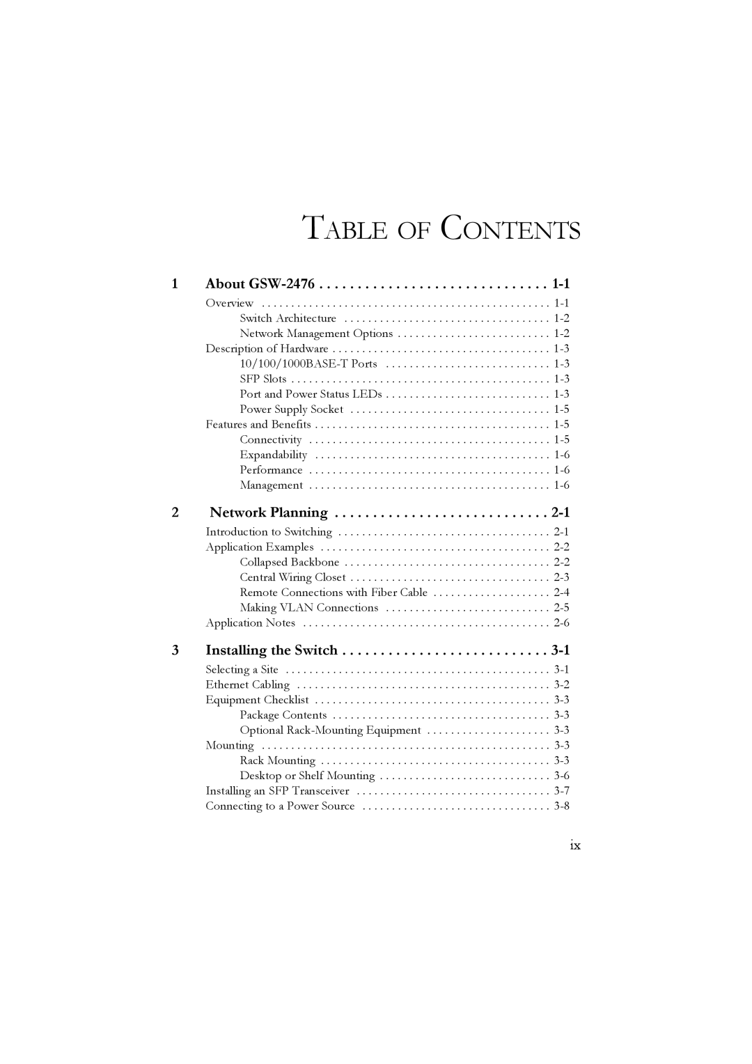 LevelOne user manual Table Of Contents, About GSW-2476, Network Planning, Installing the Switch 