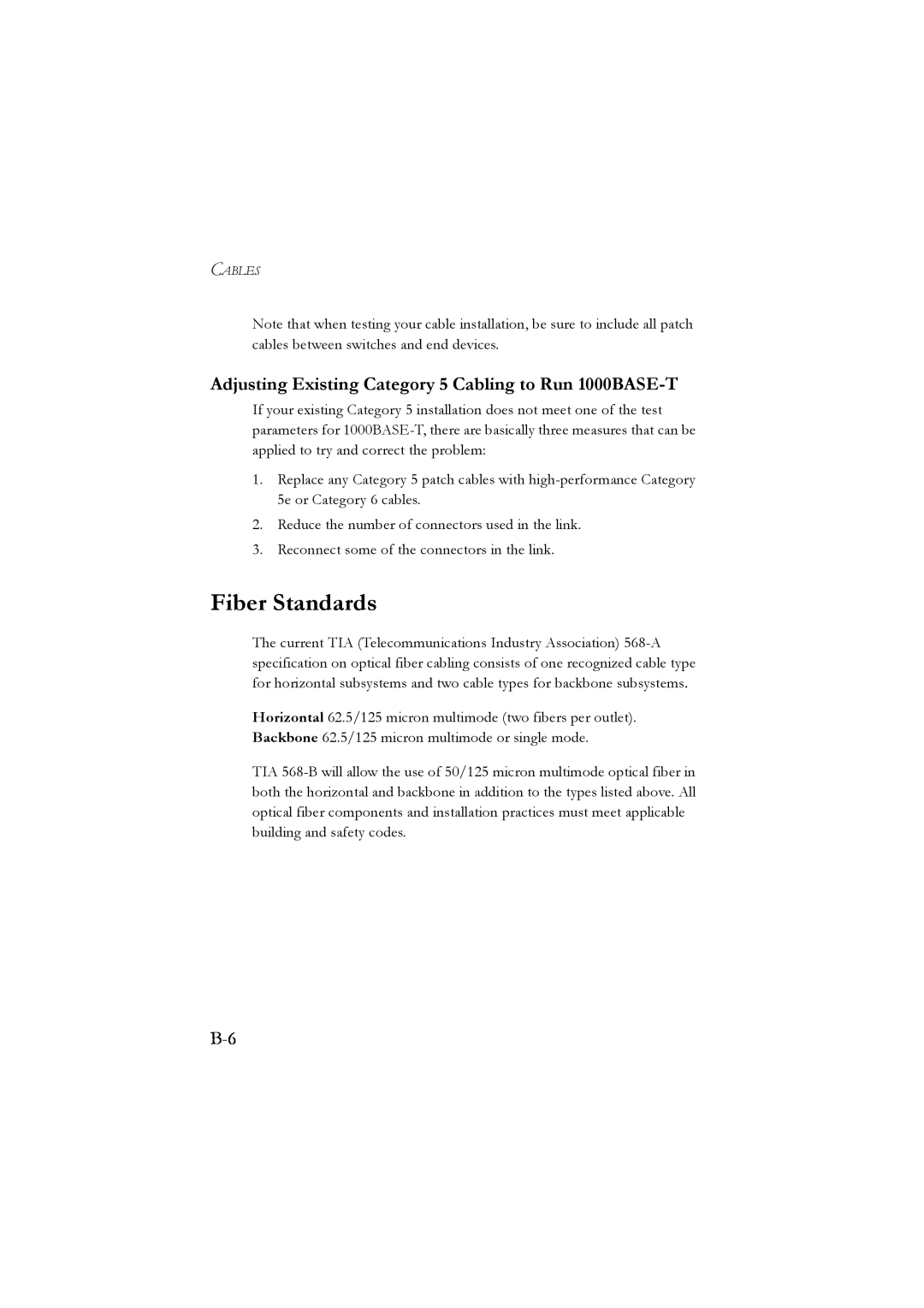 LevelOne GSW-2476 user manual Fiber Standards, Adjusting Existing Category 5 Cabling to Run 1000BASE-T 
