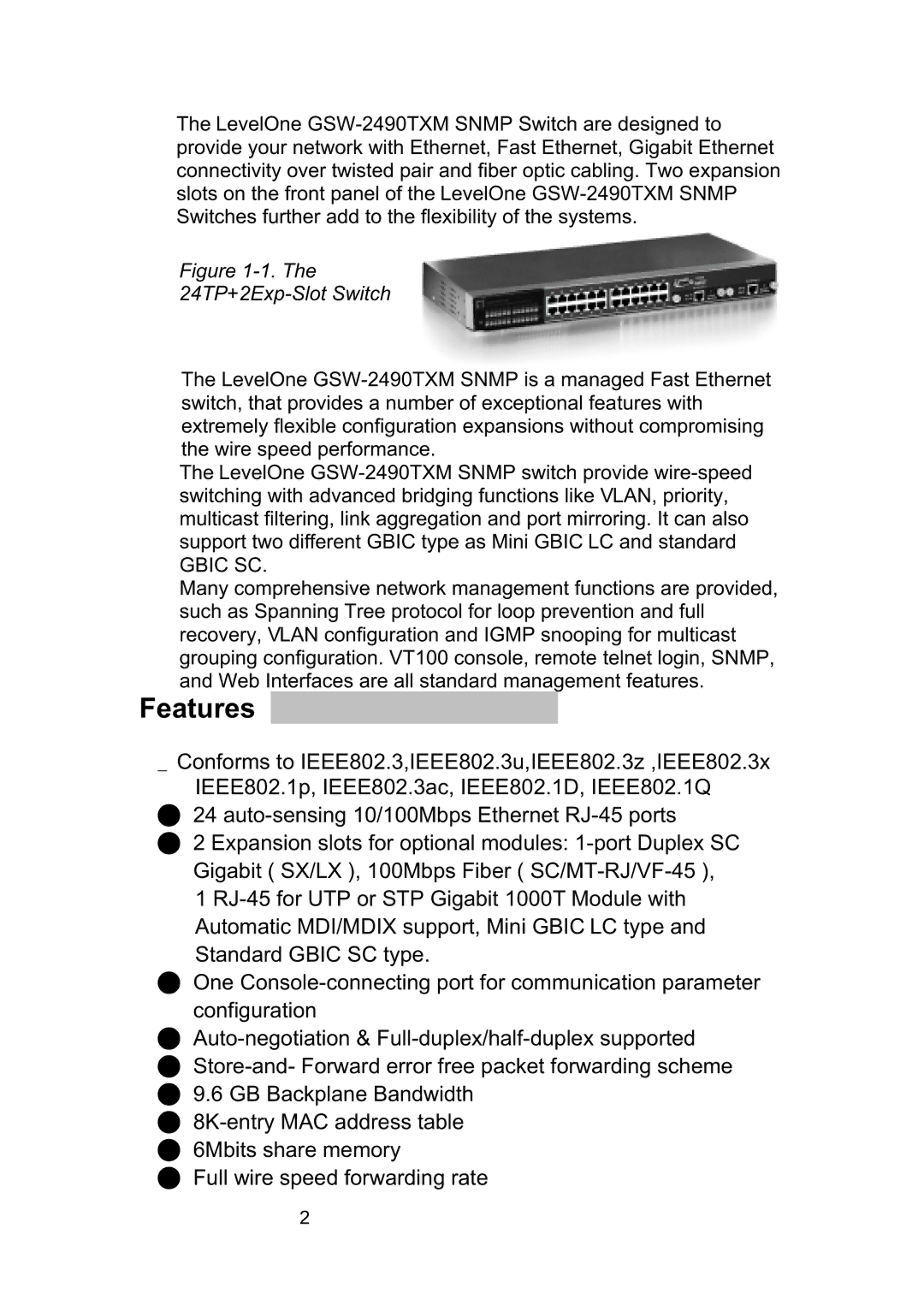 LevelOne GSW-2490TXM manual Features, Gbic SC 