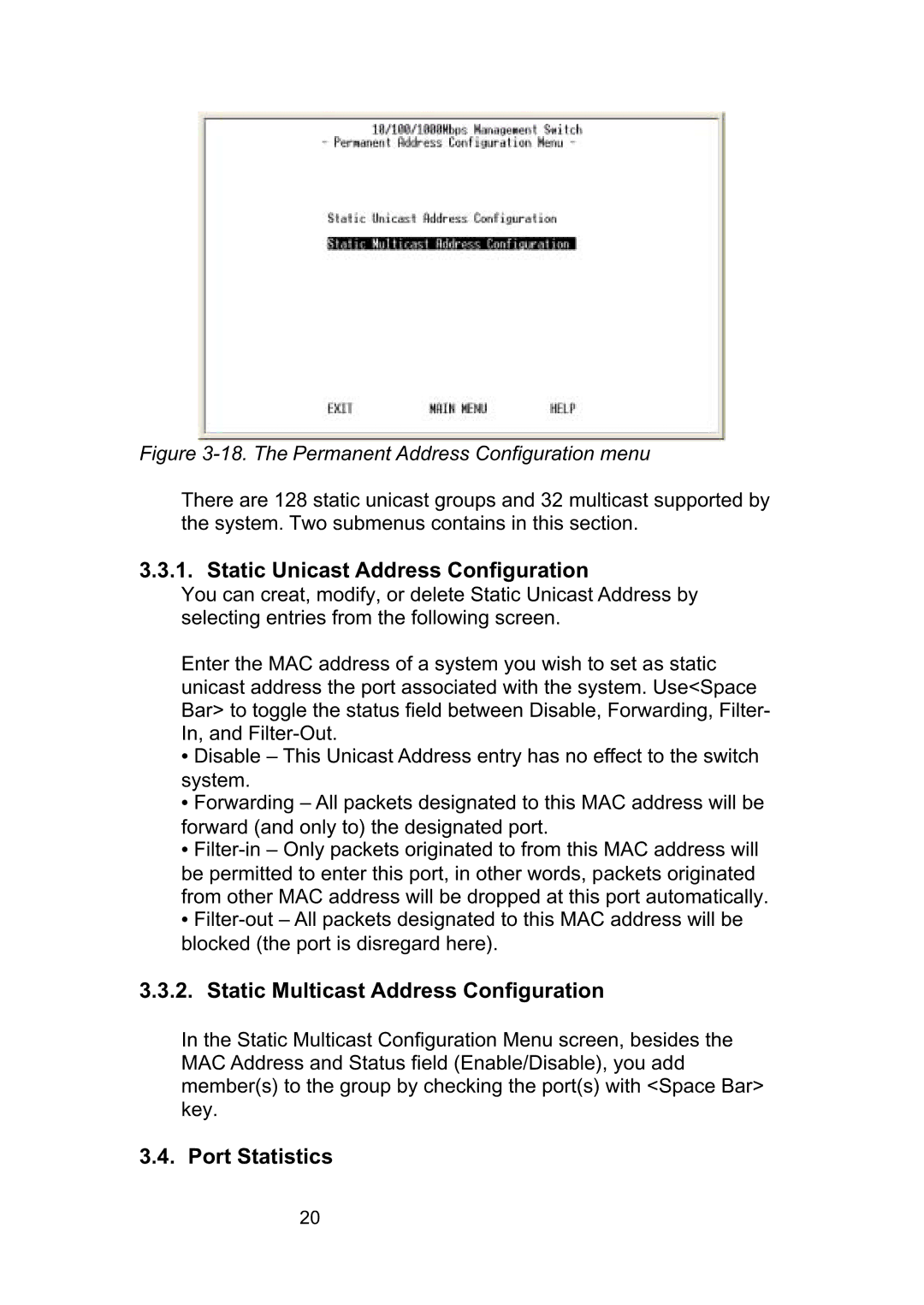 LevelOne GSW-2490TXM manual Static Unicast Address Configuration, Static Multicast Address Configuration, Port Statistics 