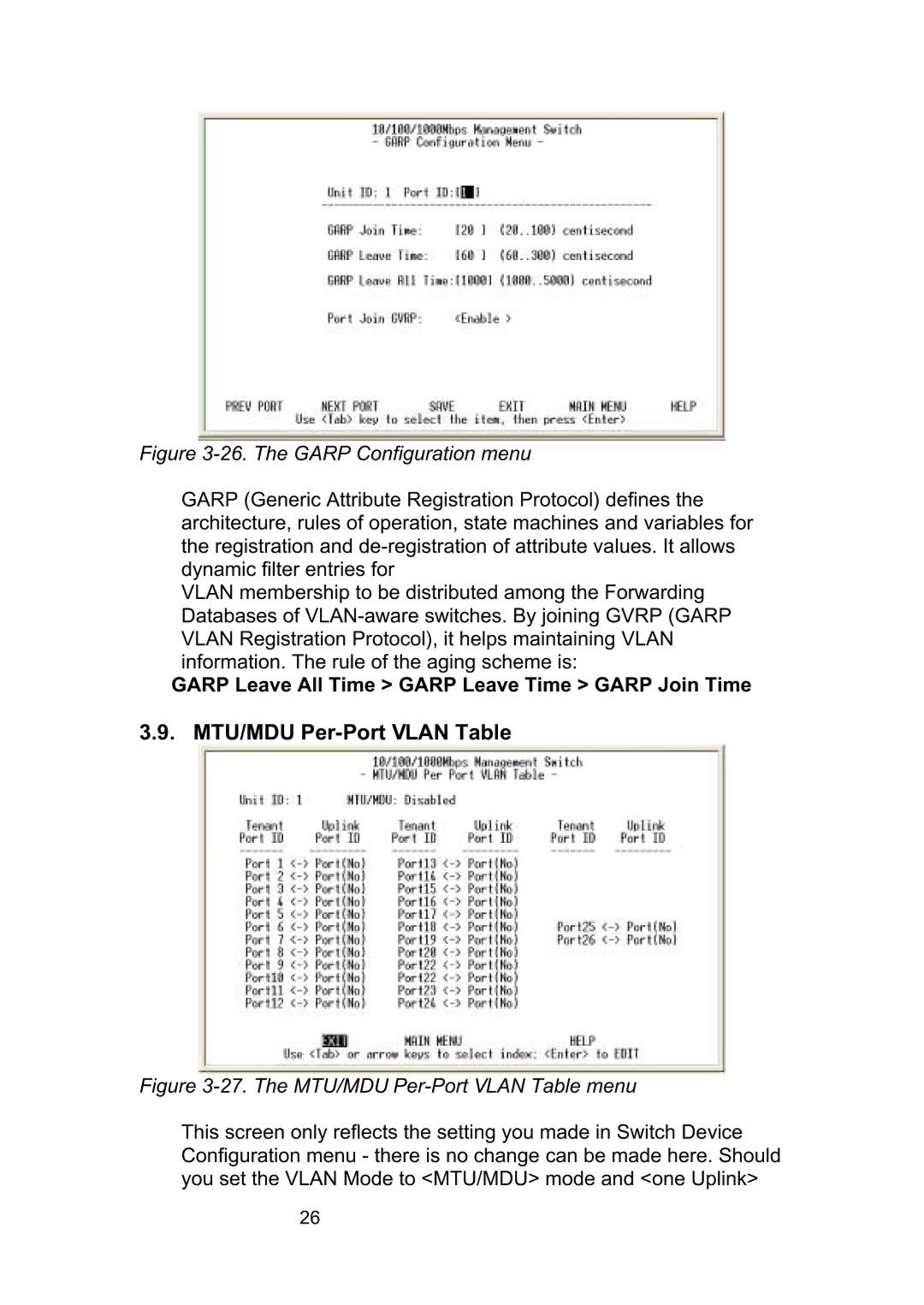 LevelOne GSW-2490TXM manual MTU/MDU Per-Port Vlan Table, The Garp Configuration menu 