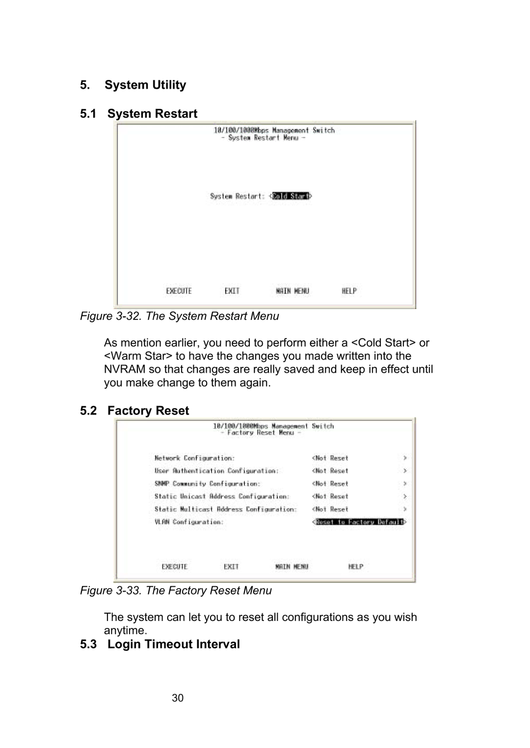 LevelOne GSW-2490TXM manual System Utility System Restart, Factory Reset, Login Timeout Interval 