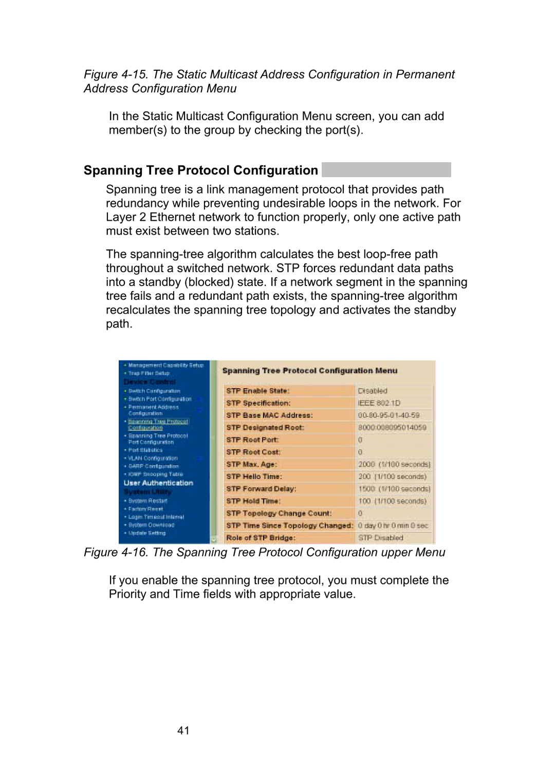 LevelOne GSW-2490TXM manual The Spanning Tree Protocol Configuration upper Menu 