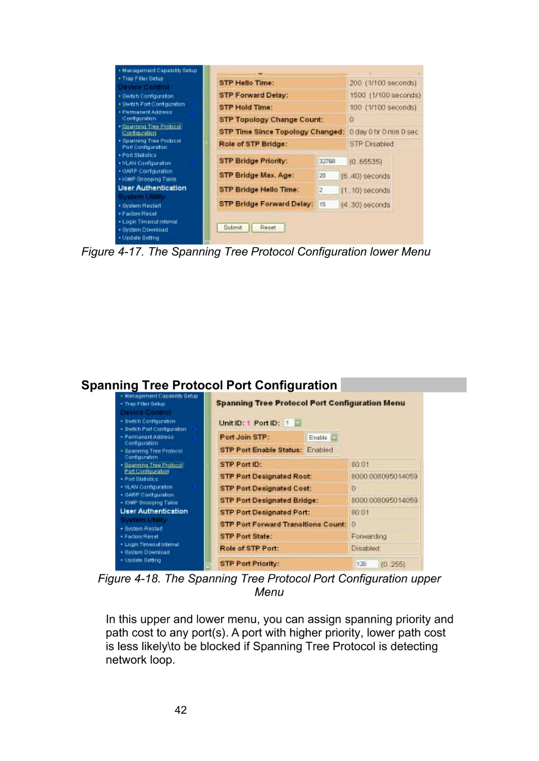 LevelOne GSW-2490TXM manual The Spanning Tree Protocol Configuration lower Menu 