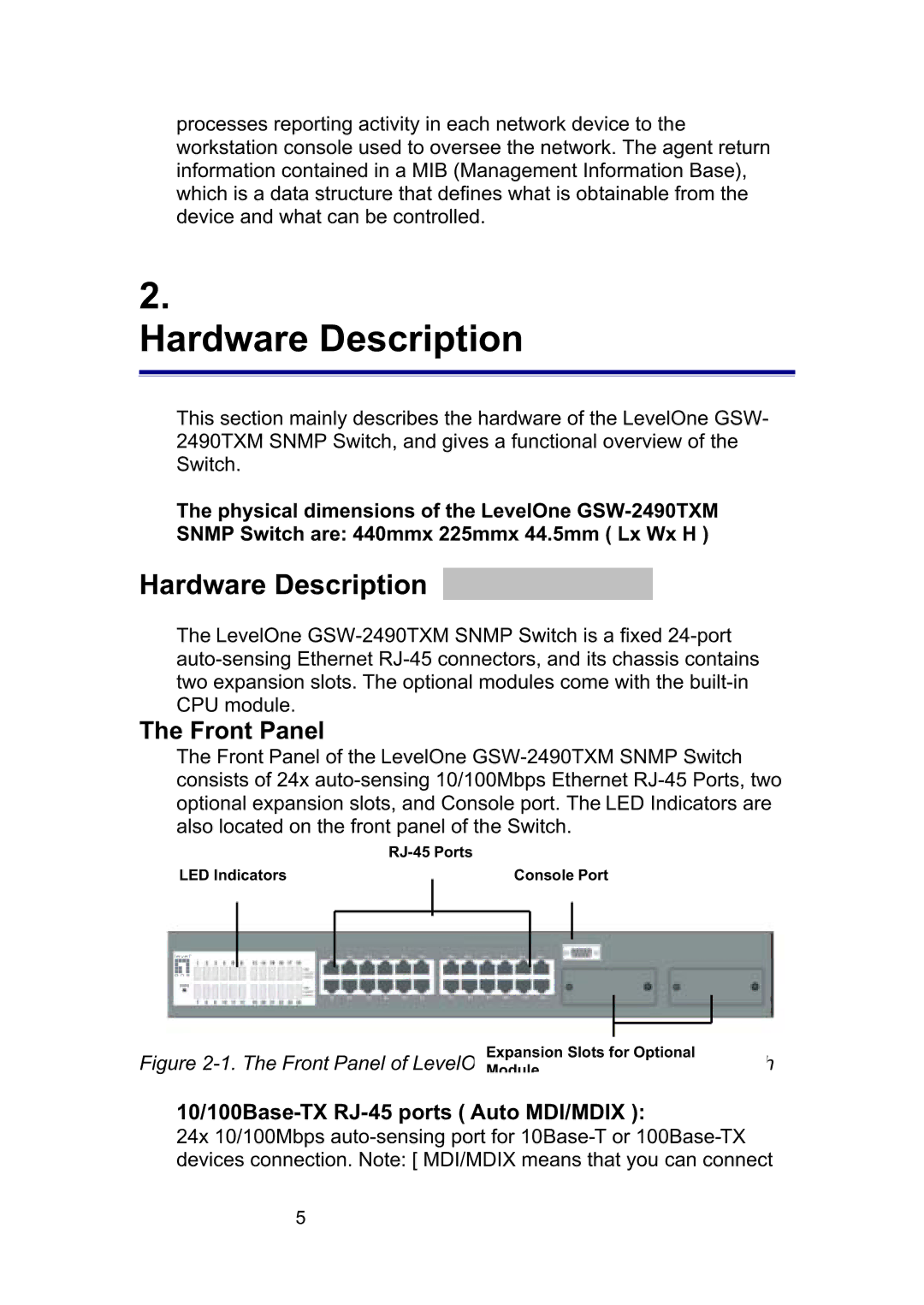 LevelOne GSW-2490TXM manual Hardware Description, Front Panel, 10/100Base-TX RJ-45 ports Auto MDI/MDIX 