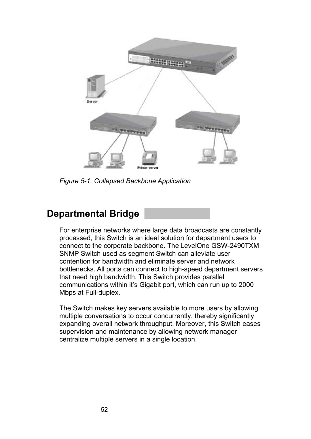 LevelOne GSW-2490TXM manual Departmental Bridge, Collapsed Backbone Application 