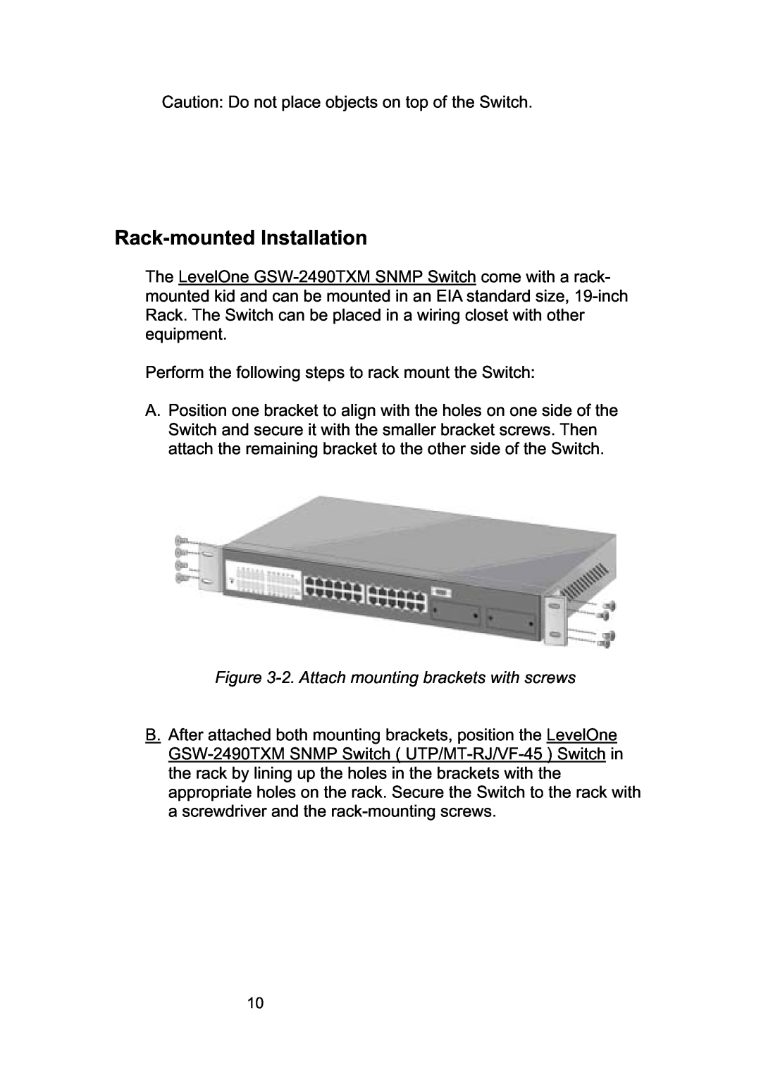 LevelOne GSW-2490TXM manual Rack-mounted Installation, 2. Attach mounting brackets with screws 