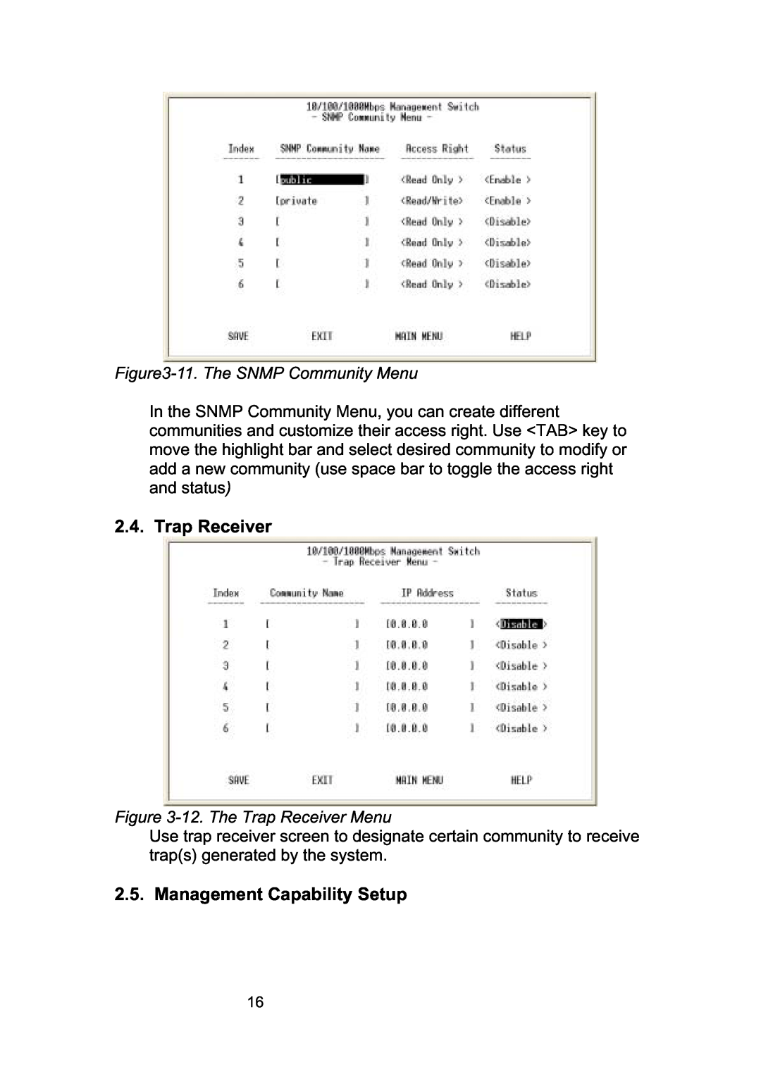 LevelOne GSW-2490TXM manual Management Capability Setup, 11. The SNMP Community Menu, 12. The Trap Receiver Menu 
