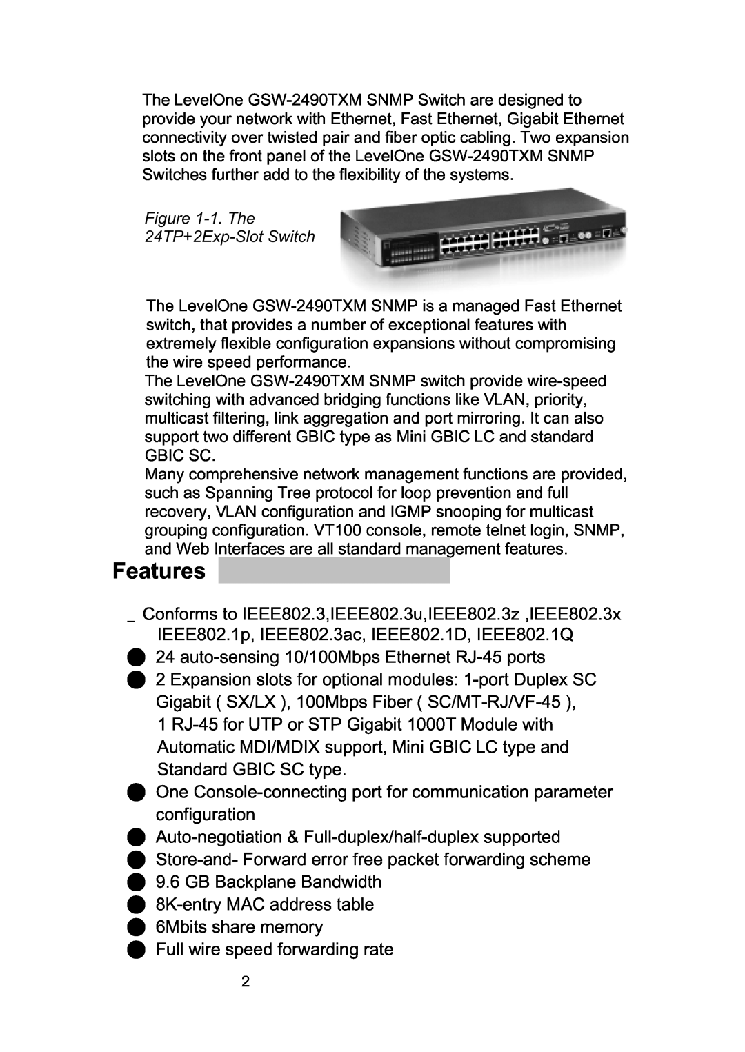 LevelOne GSW-2490TXM manual Features 