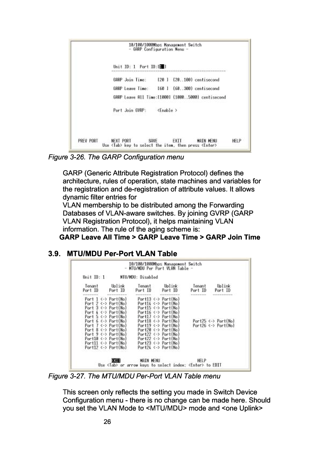 LevelOne GSW-2490TXM manual MTU/MDU Per-Port VLAN Table, 26. The GARP Configuration menu 