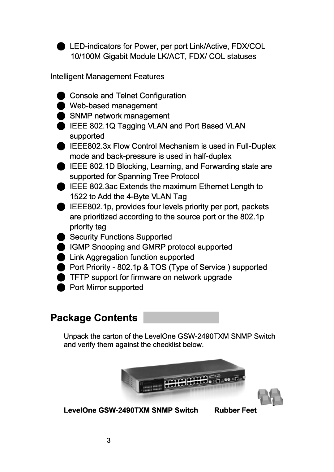 LevelOne GSW-2490TXM manual Package Contents 