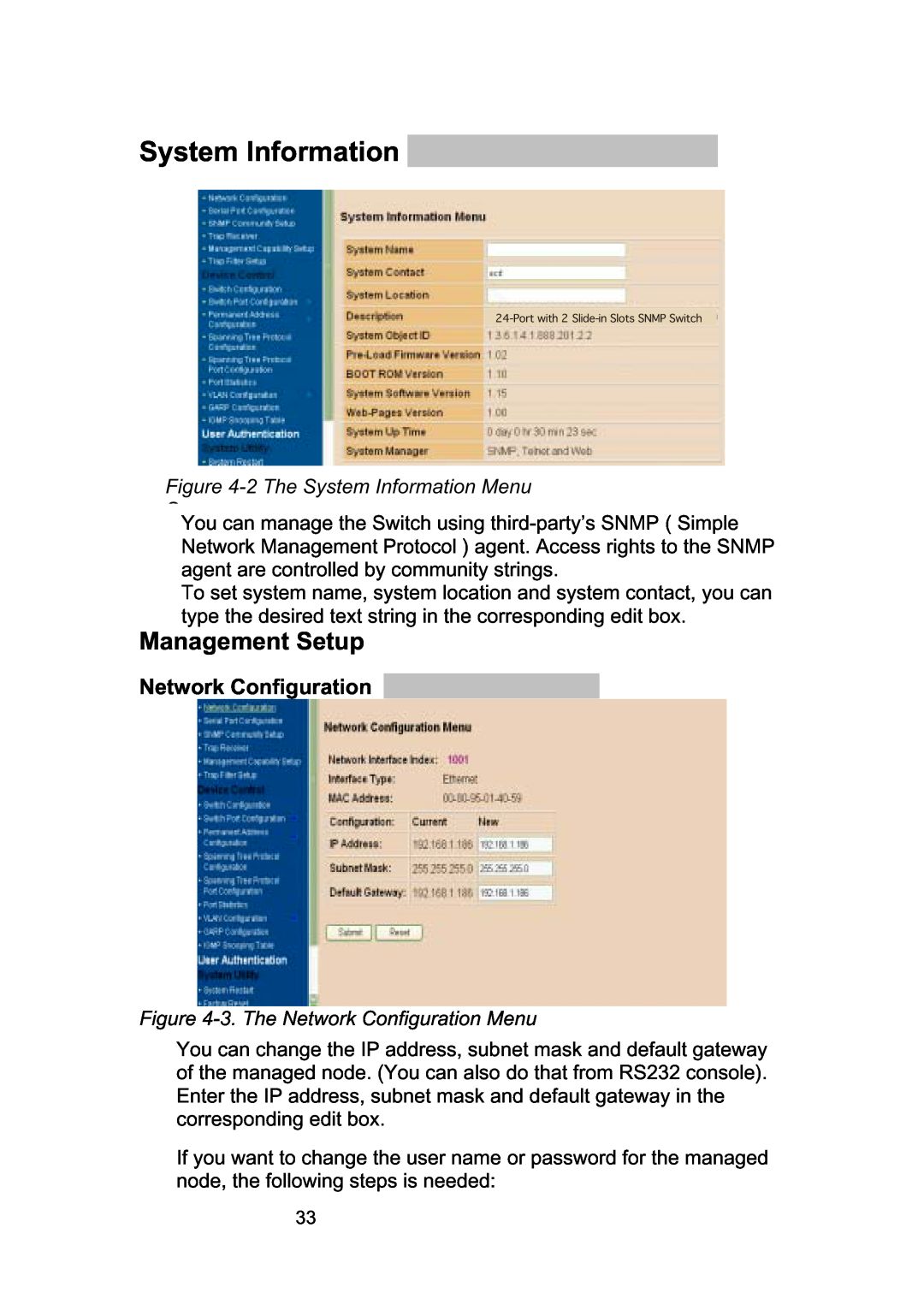 LevelOne GSW-2490TXM manual Management Setup, Network Configuration, 2 The System Information Menu 