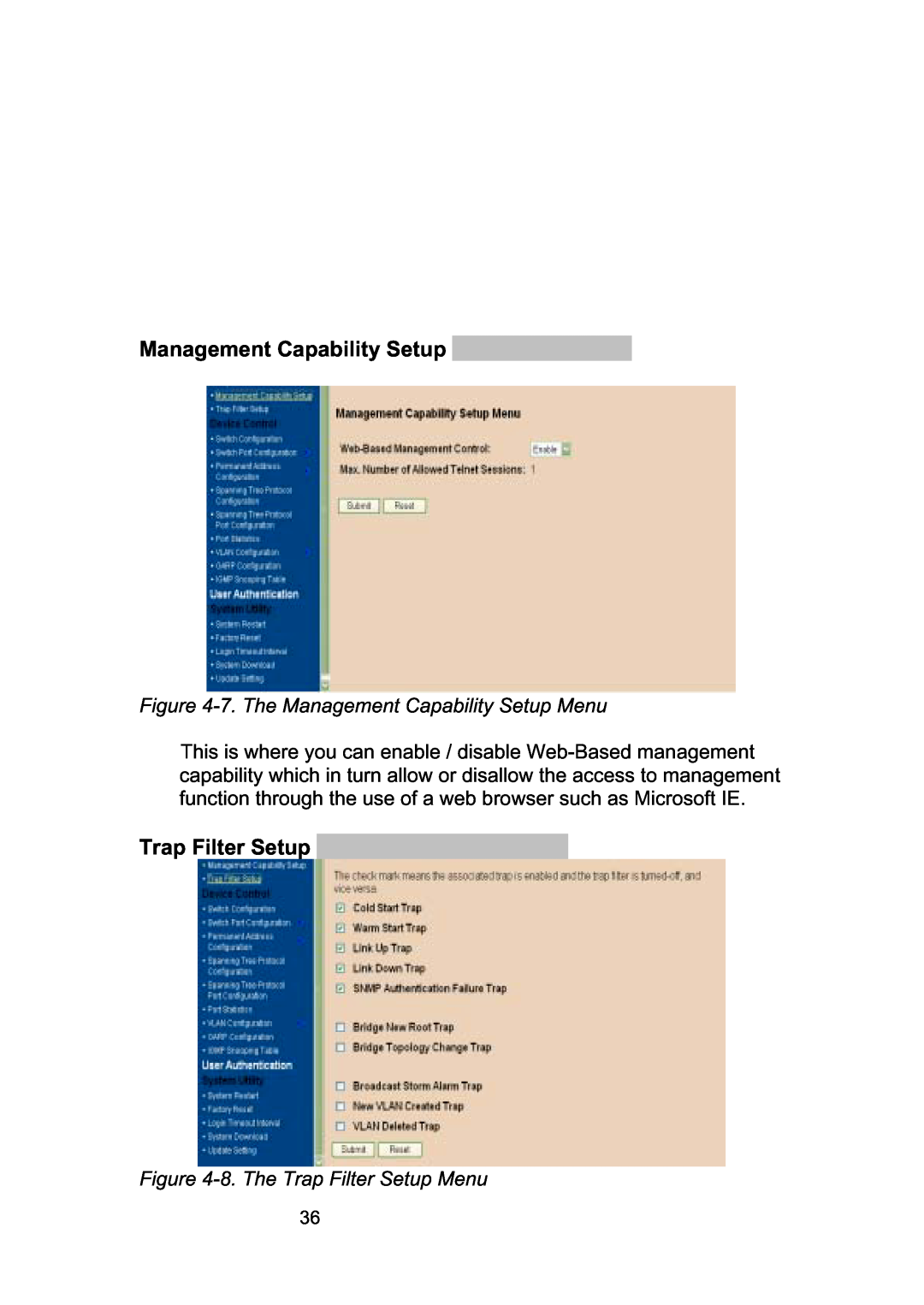 LevelOne GSW-2490TXM manual 7. The Management Capability Setup Menu, 8. The Trap Filter Setup Menu 