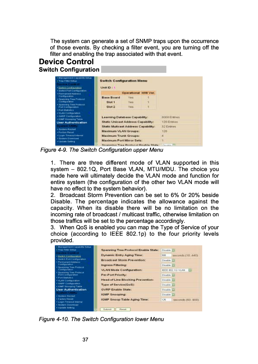LevelOne GSW-2490TXM Device Control, 9. The Switch Configuration upper Menu, 10. The Switch Configuration lower Menu 